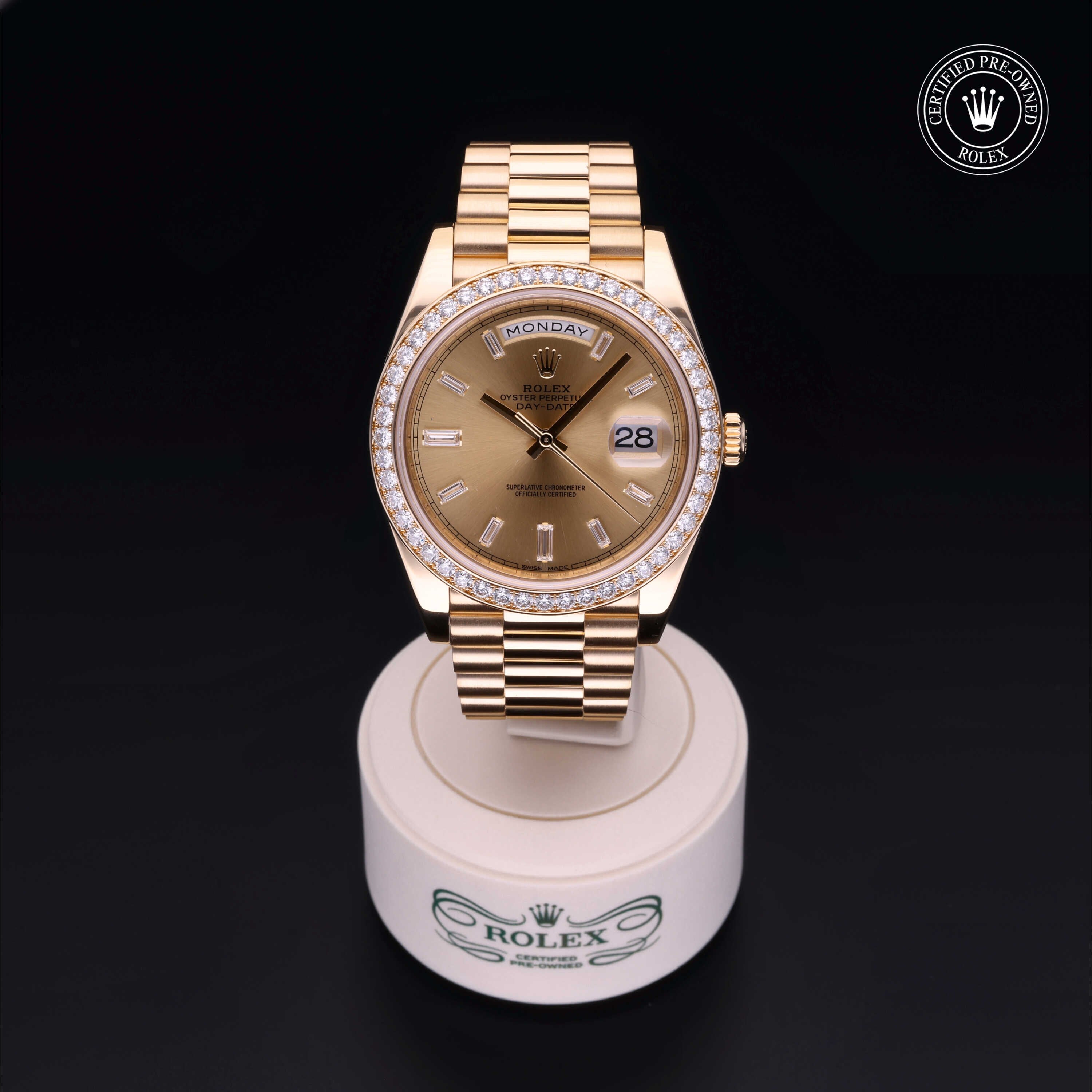 Rolex Certified Pre-owned Day-date M228348RBR-0002 front on black background