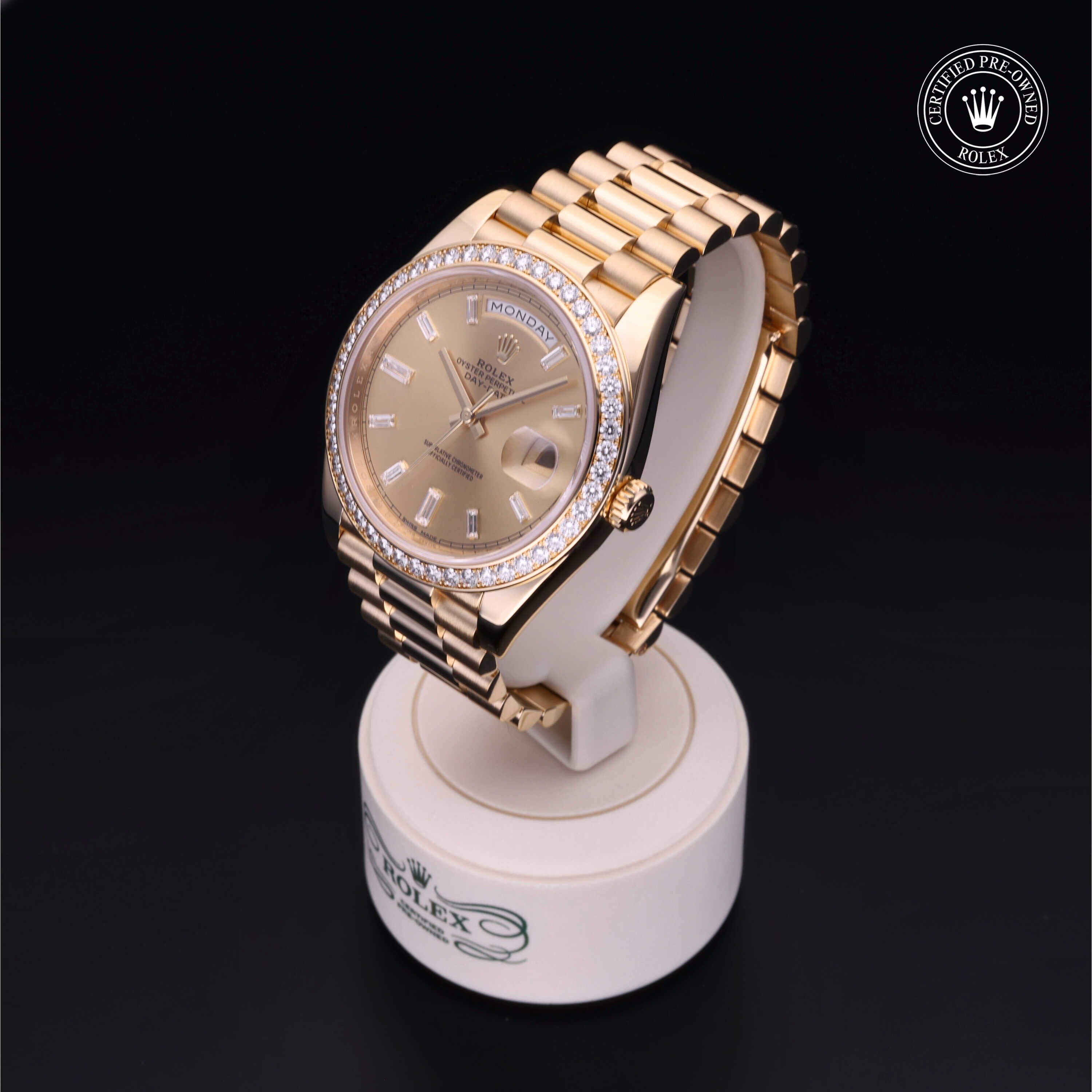 Rolex Certified Pre-owned Day-date M228348RBR-0002 front on black background