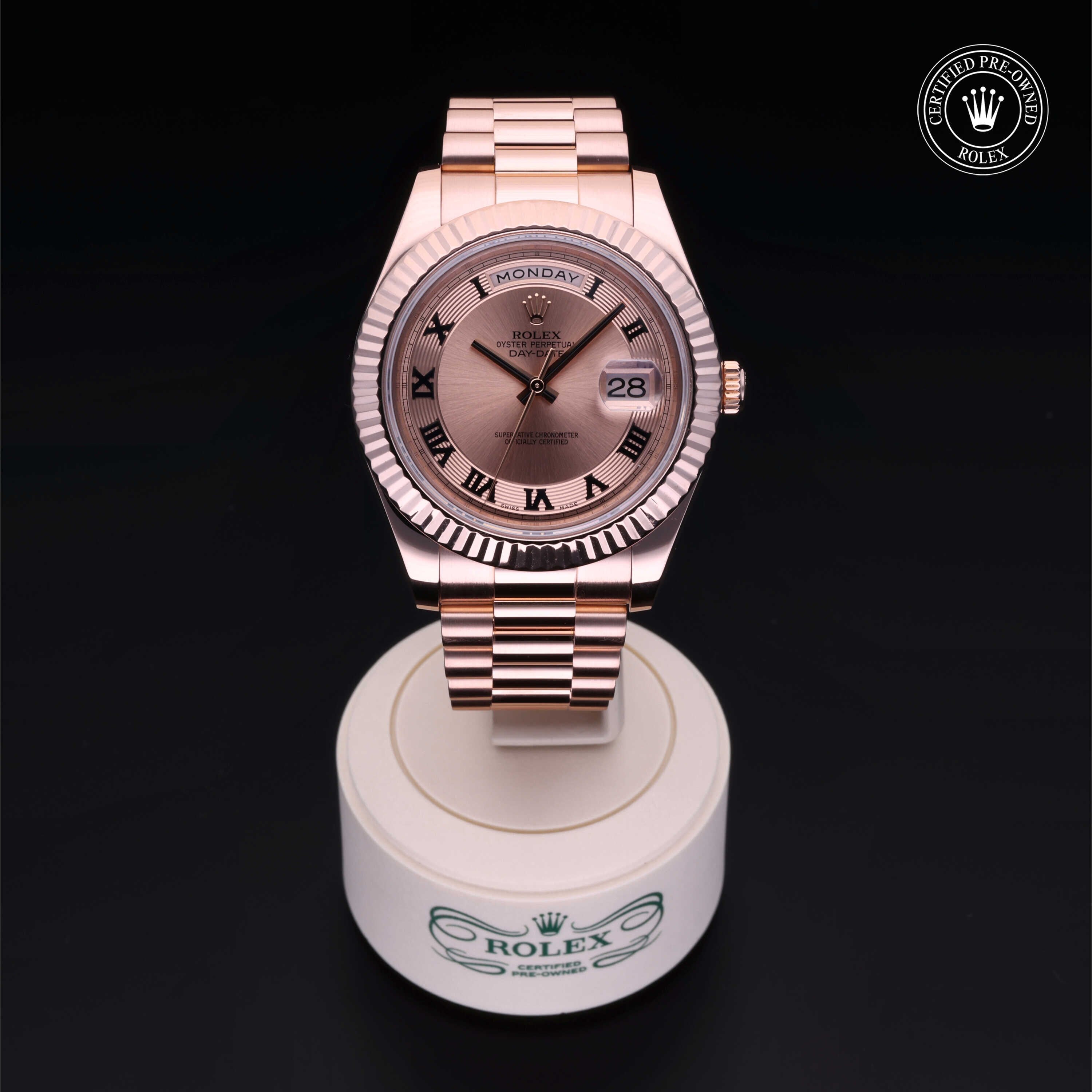 Rolex Certified Pre-owned Daydate Ii M218235-0001 front on black background