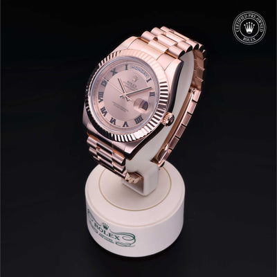 Rolex Certified Pre-owned Daydate Ii M218235-0001 front on black background