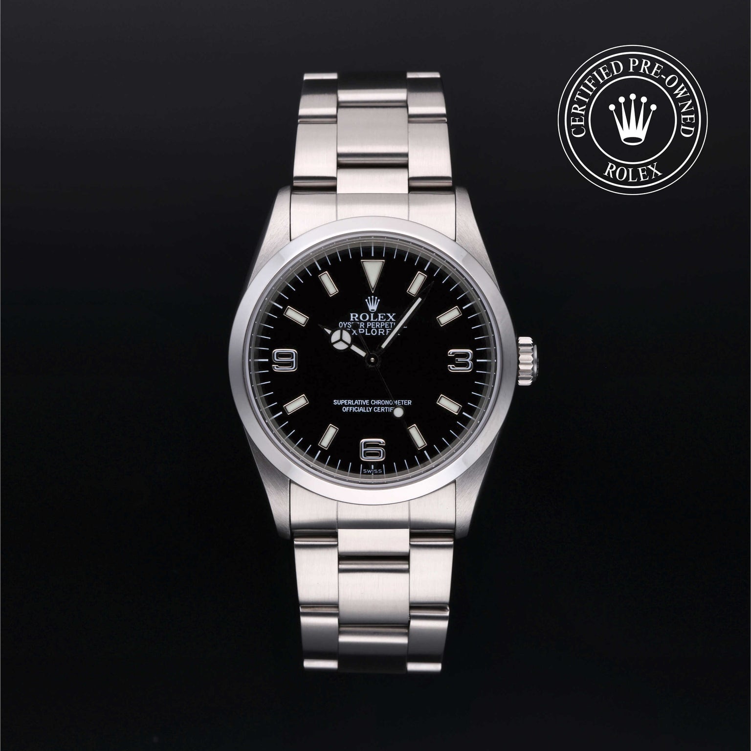 Rolex Certified Pre-owned Explorer M14270-0001 front on black background