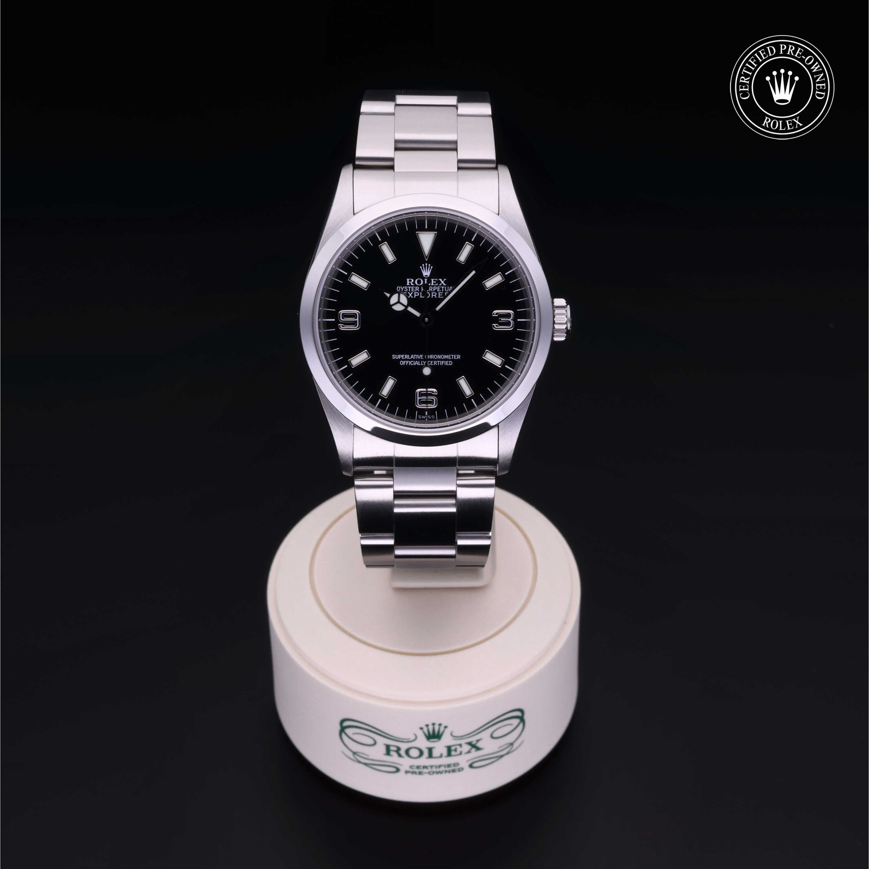 Rolex Certified Pre-owned Explorer M14270-0001 front on black background