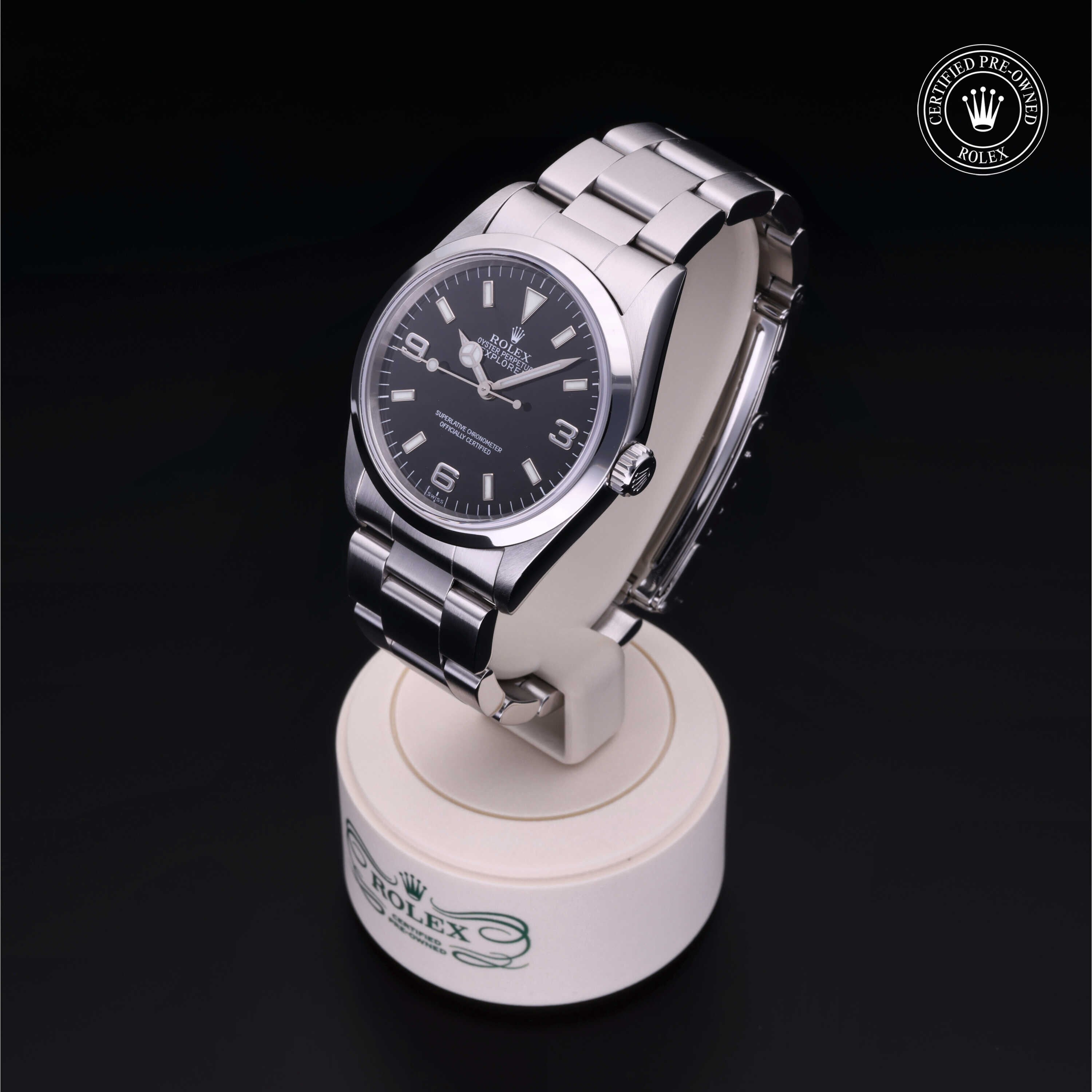 Rolex Certified Pre-owned Explorer M14270-0001 front on black background