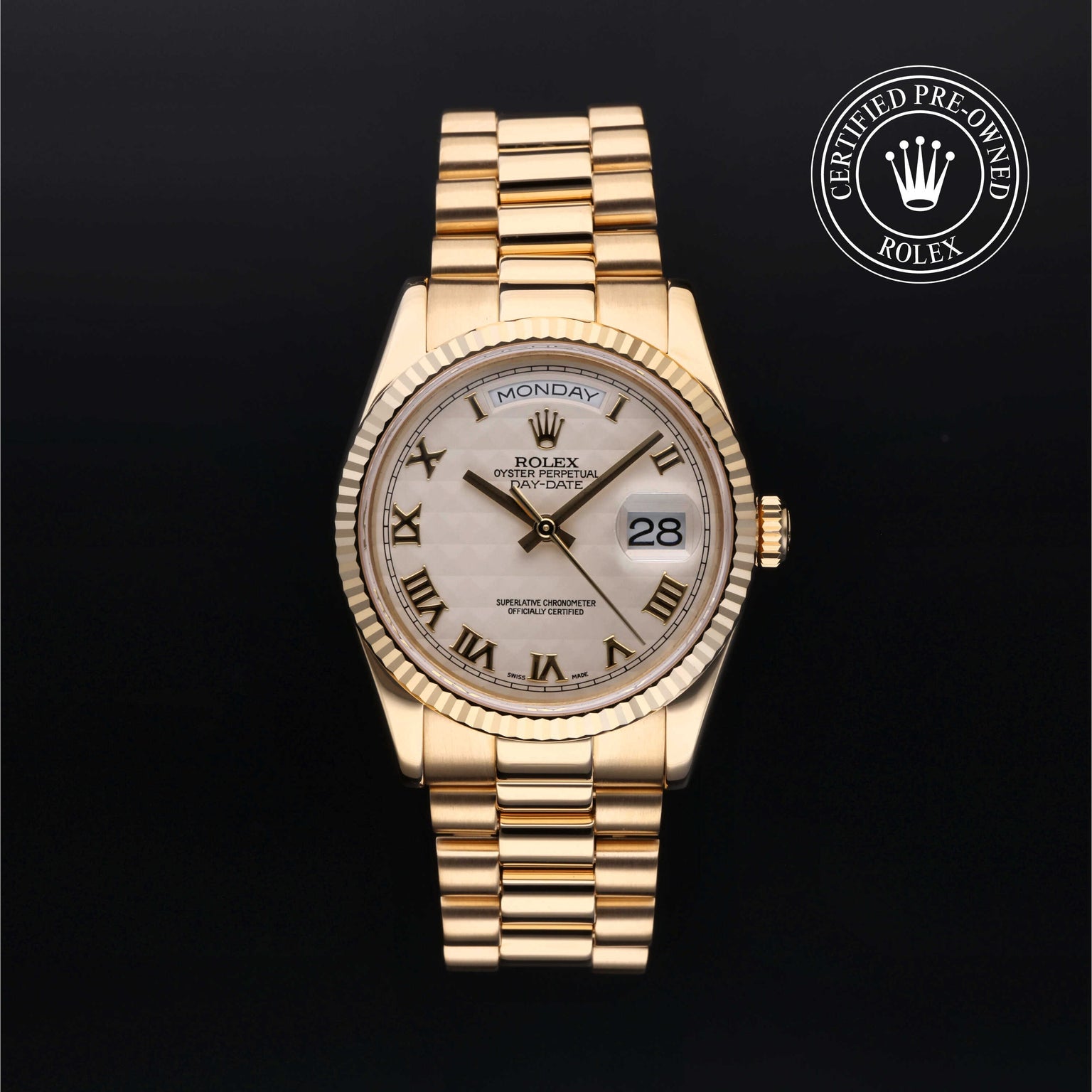 Rolex Certified Pre-owned Day-date M118238-0051 front on black background