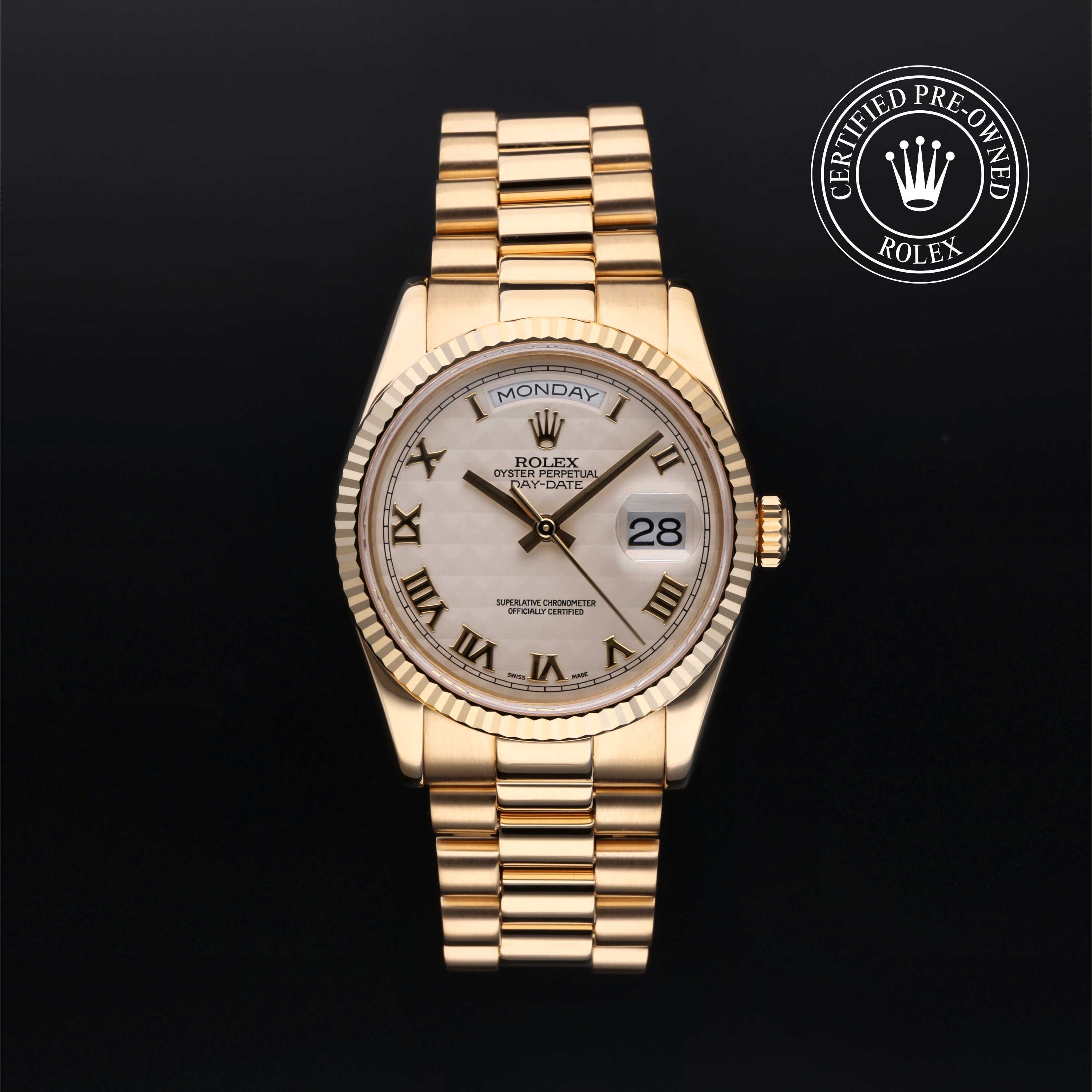 Rolex Certified Pre-owned Day-date M118238-0051 front on black background
