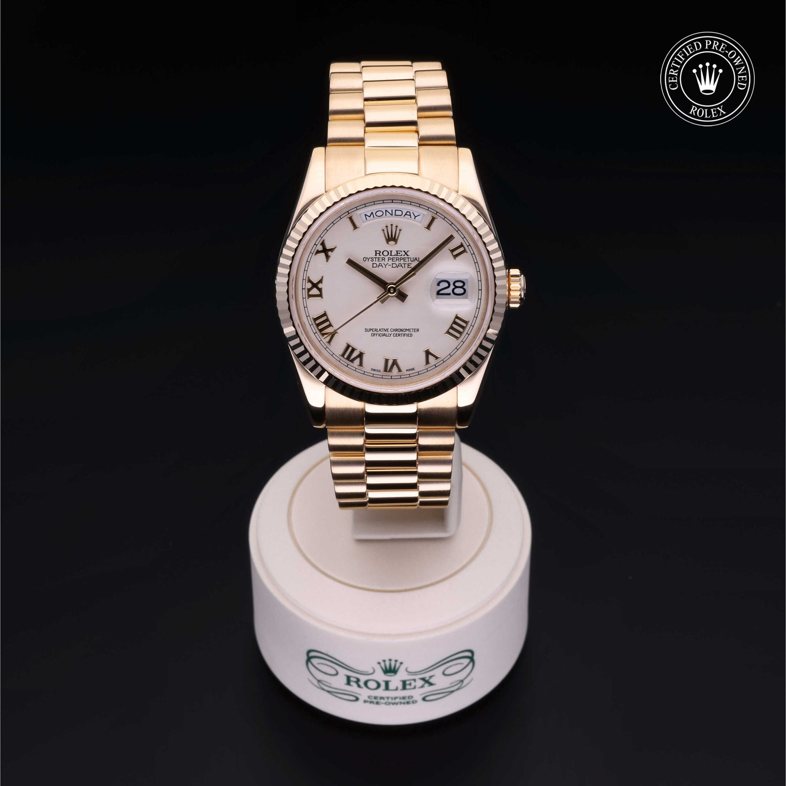 Rolex Certified Pre-owned Day-date M118238-0051 front on black background