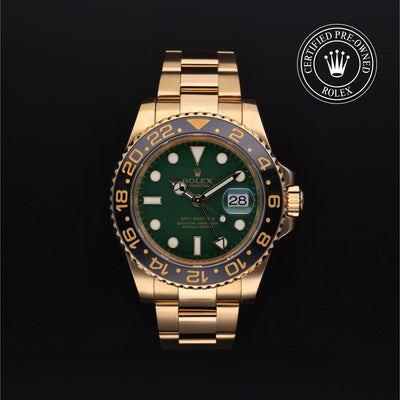Rolex Certified Pre-owned GMT II M116718LN-0001 front on black background