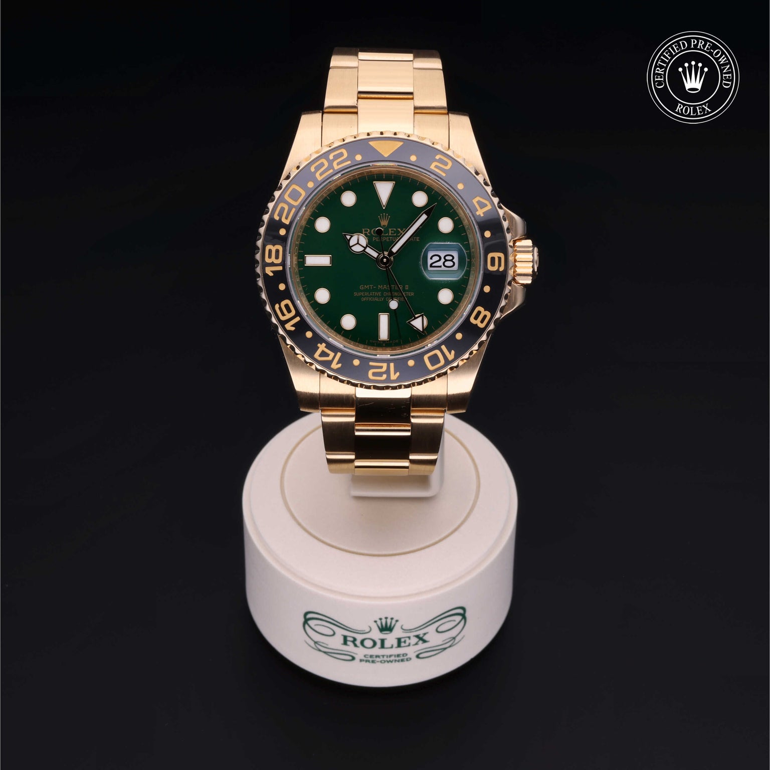 Rolex Certified Pre-owned GMT II M116718LN-0001 front on black background