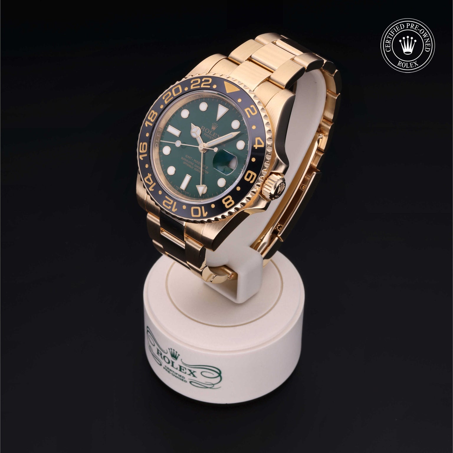 Rolex Certified Pre-owned GMT II M116718LN-0001 front on black background