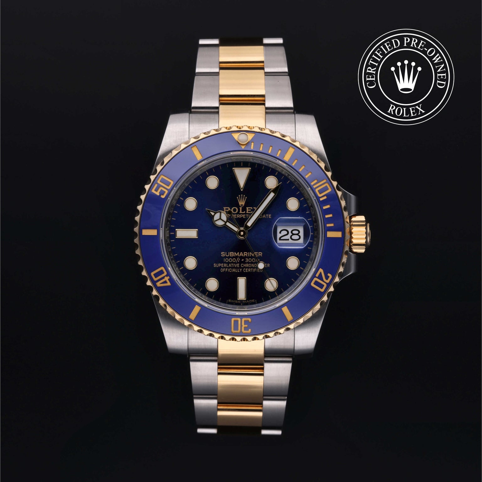 Rolex Certified Pre-owned Submariner Date M116613LB-0005 front on black background
