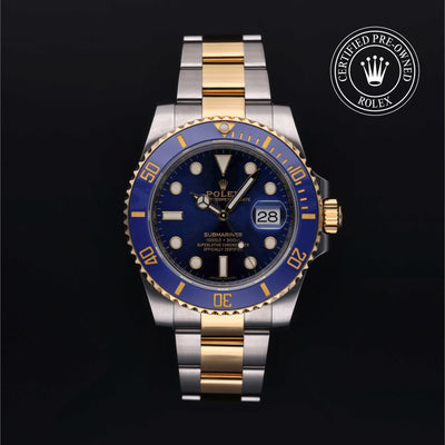 Rolex Certified Pre-owned Submariner Date M116613LB-0005 front on black background