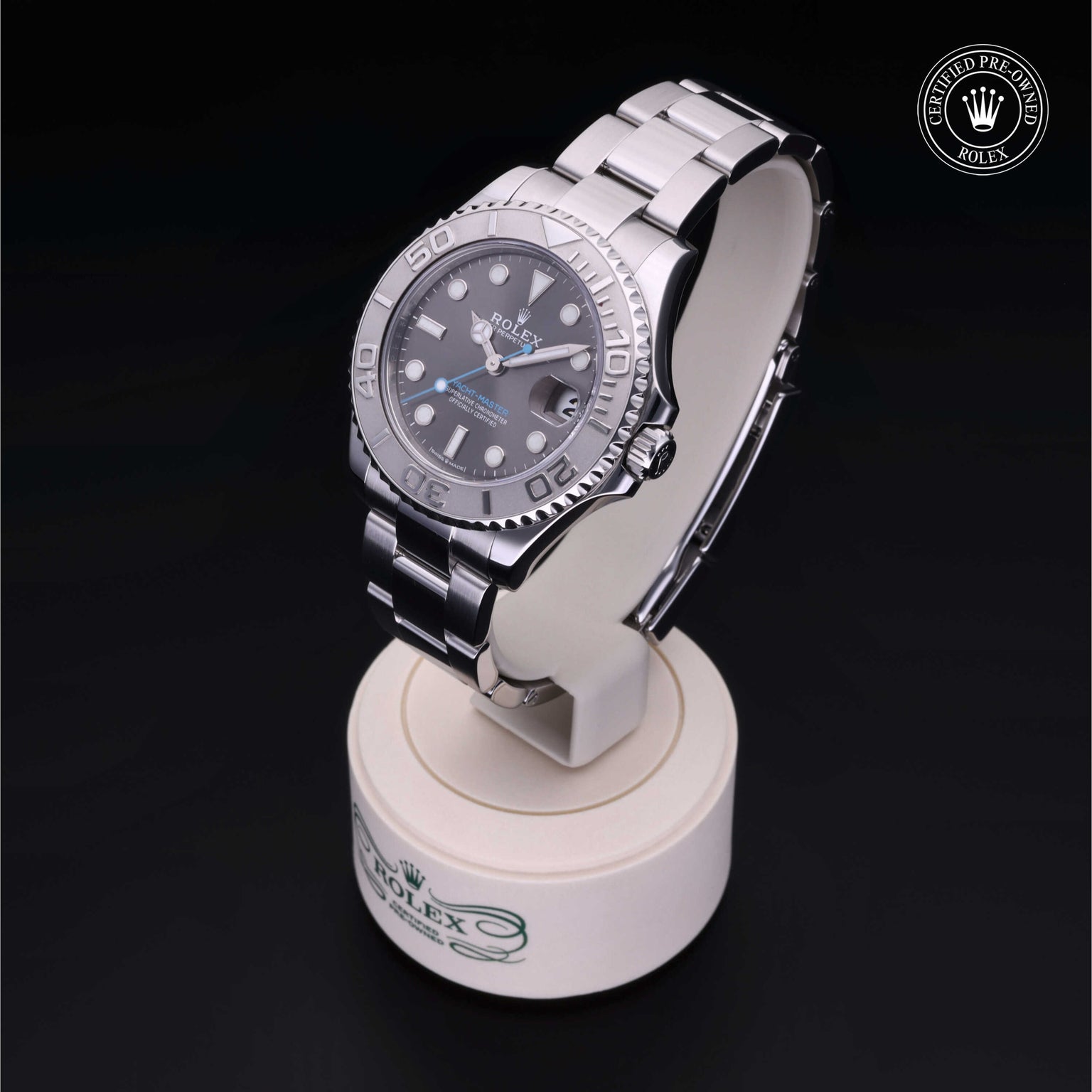 Rolex Certified Pre-owned Yacht-Master M268622-0002 front on black background