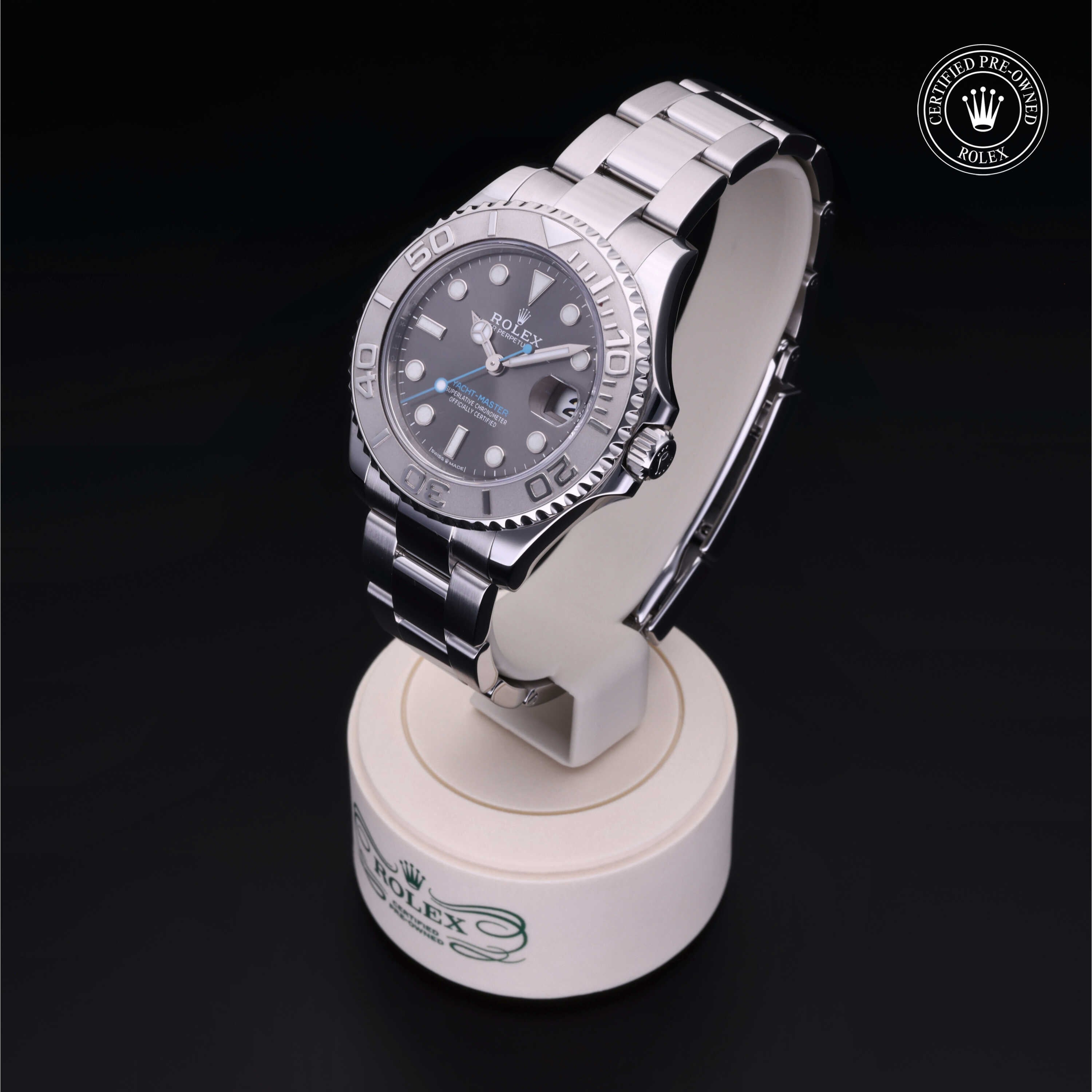 Rolex Certified Pre-owned Yacht-Master M268622-0002 front on black background