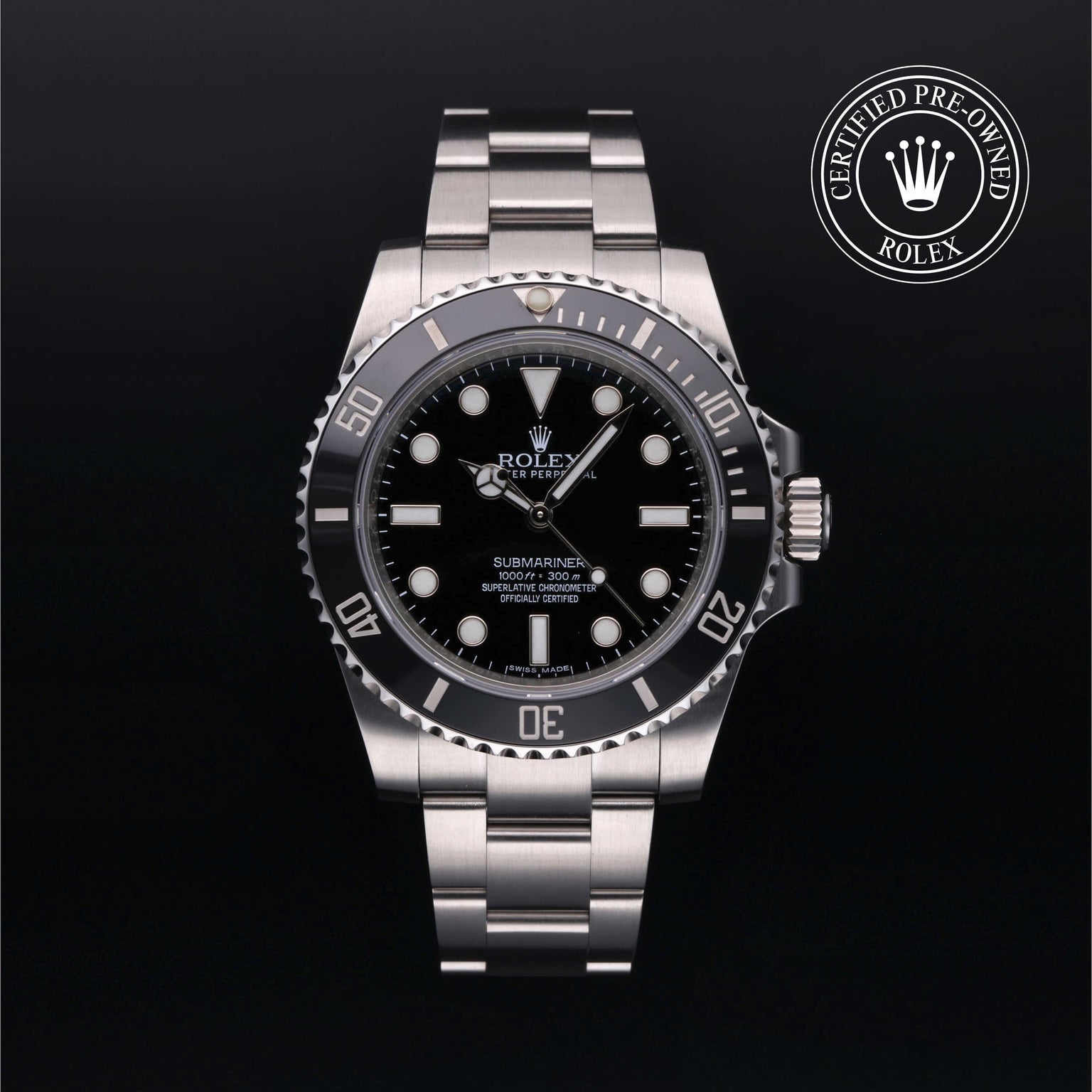 Rolex Certified Pre-owned Submariner Non Date M114060-0002 front on black background