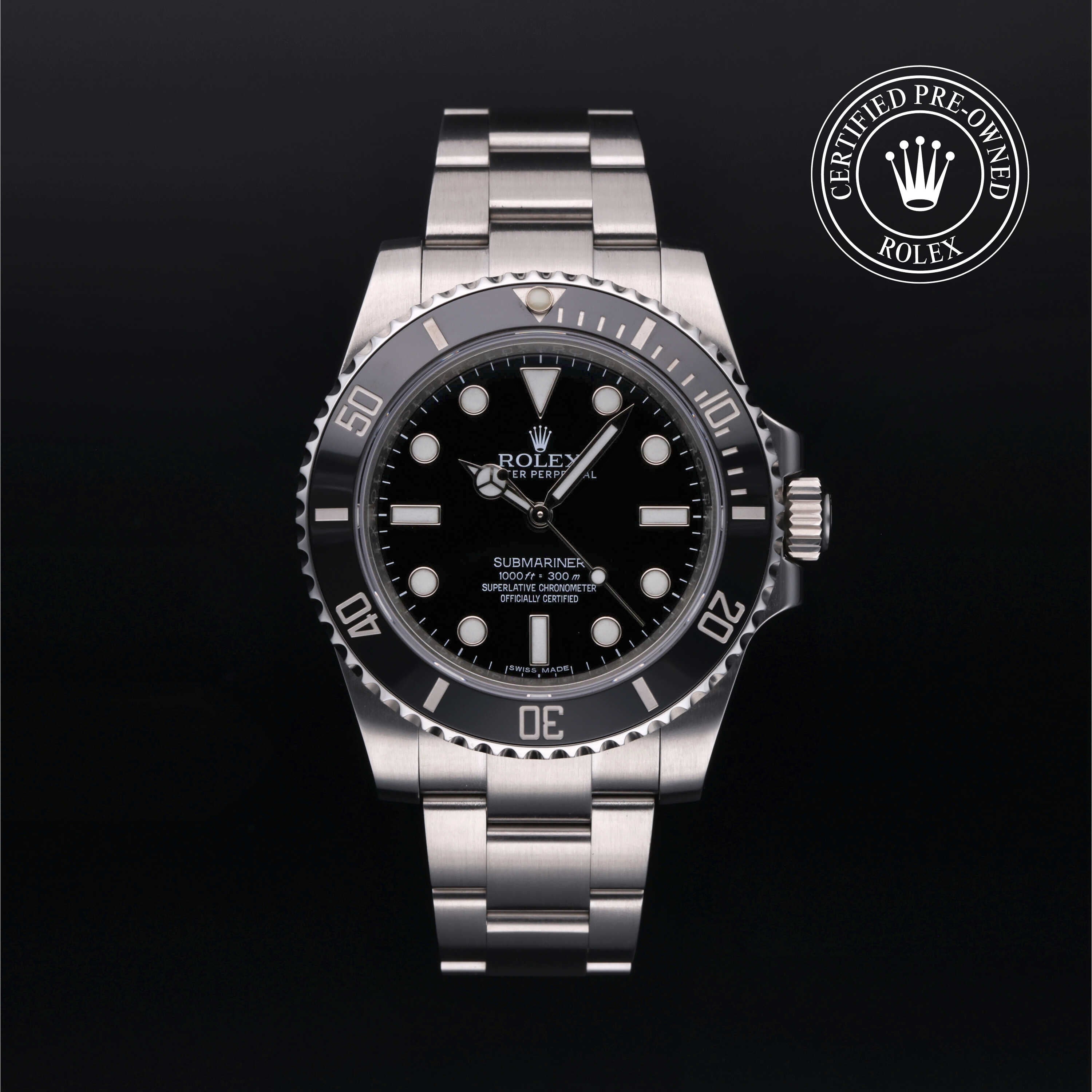 Rolex Certified Pre-owned Submariner Non Date M114060-0002 front on black background