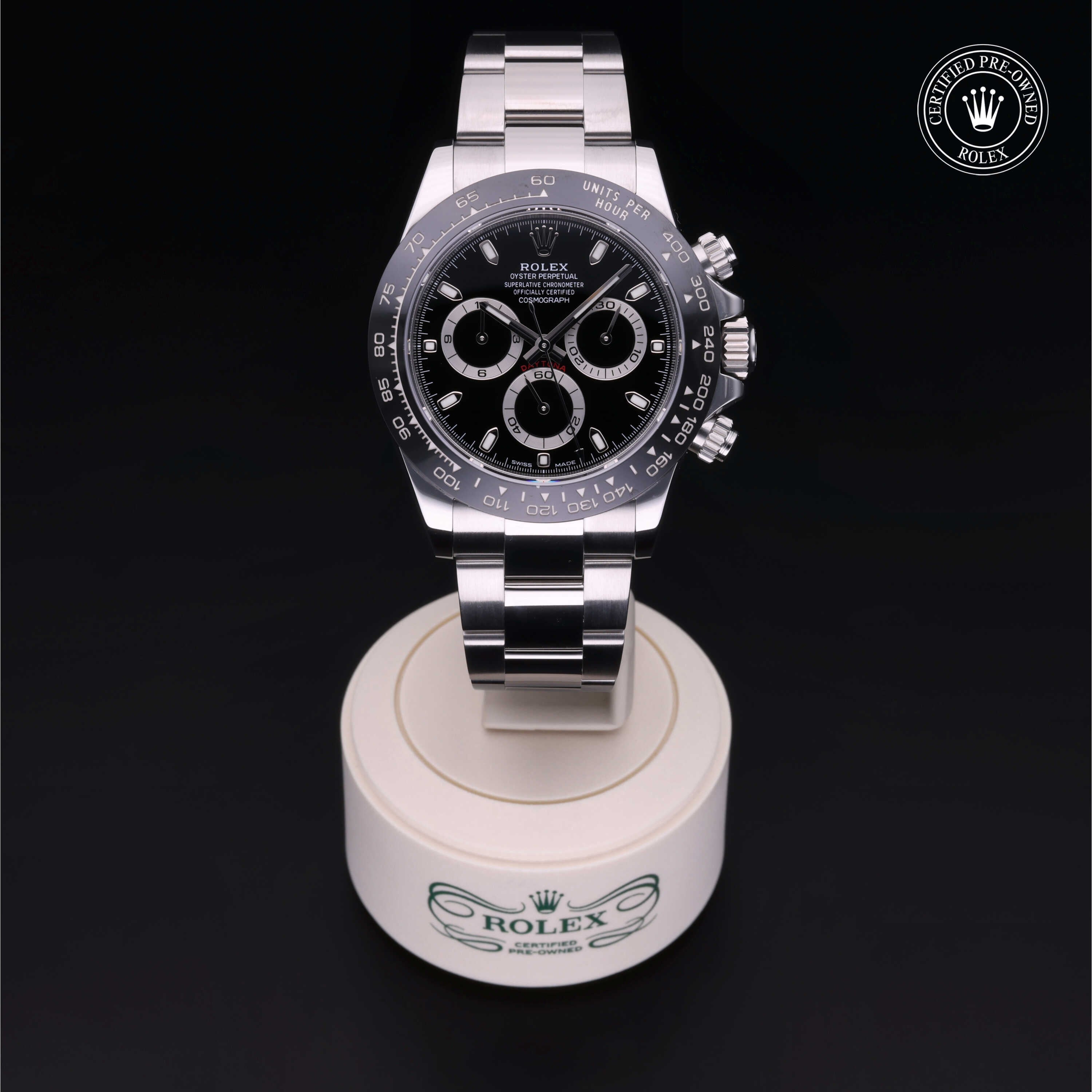 Rolex Certified Pre-owned Daytona M116500LN-0002 front on black background
