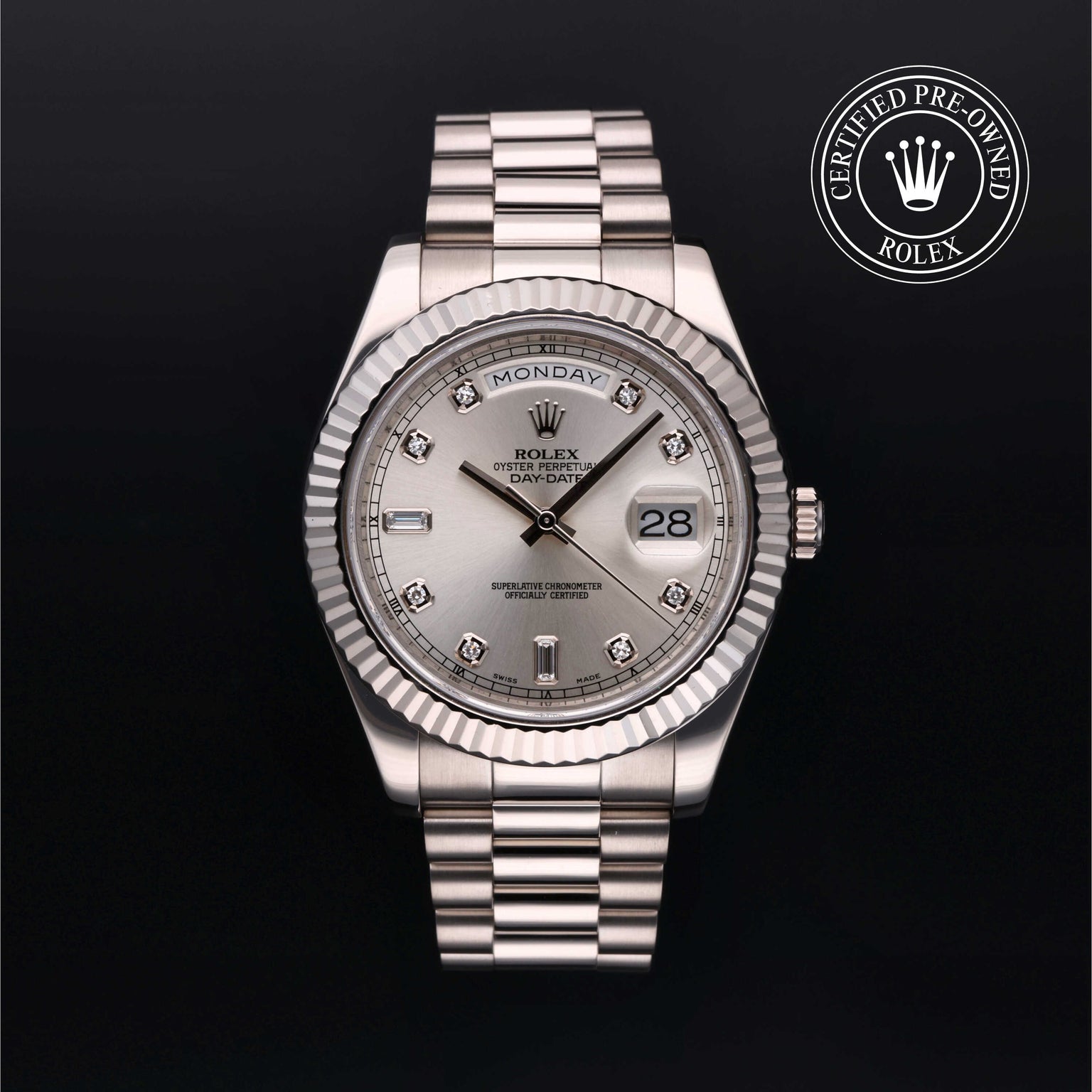 Rolex Certified Pre-owned Daydate Ii M218239-0063 front on black background