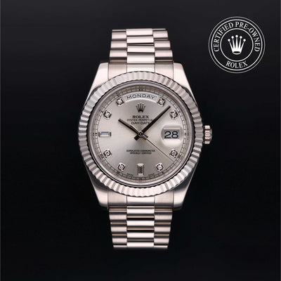 Rolex Certified Pre-owned Daydate Ii M218239-0063 front on black background