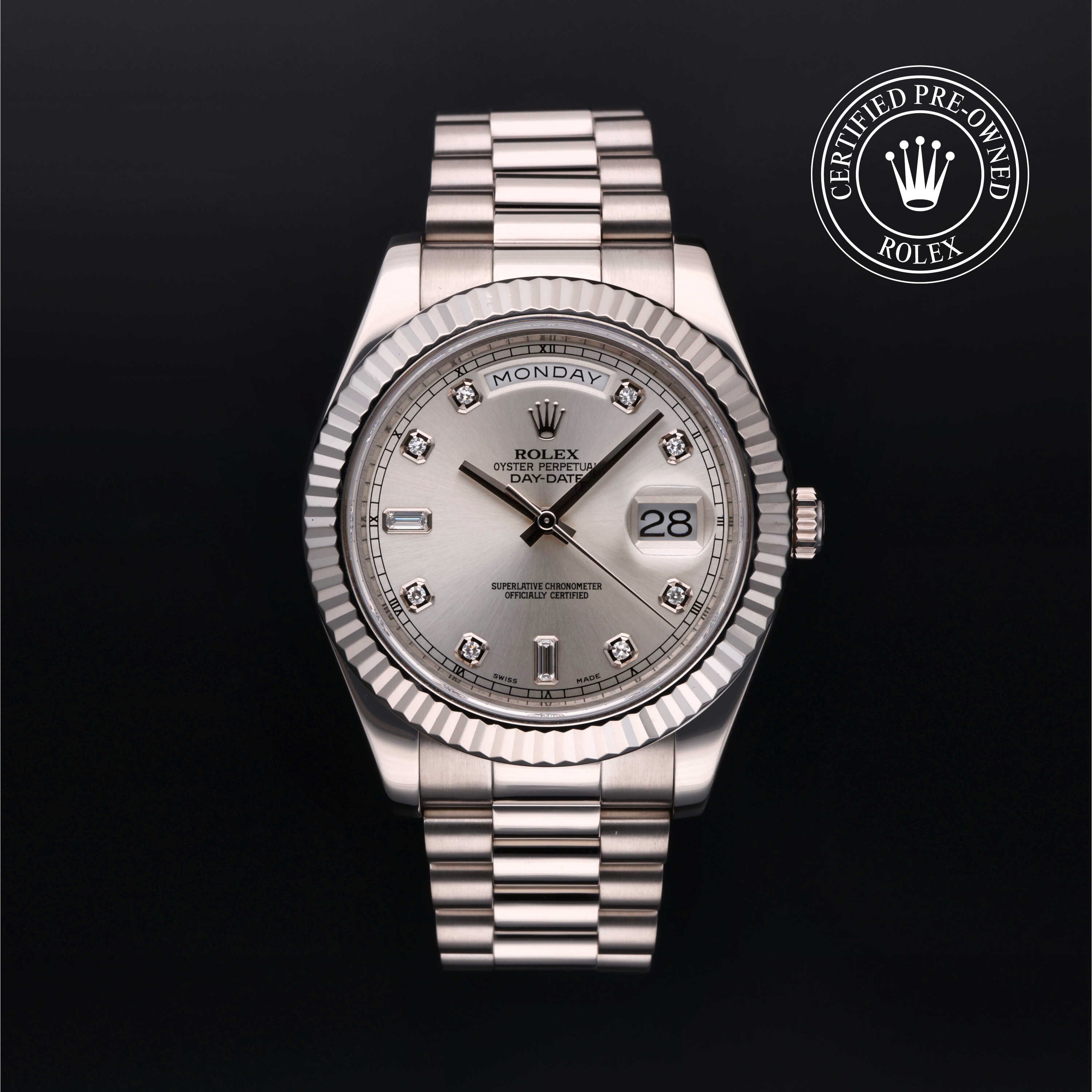 Rolex Certified Pre-owned Daydate Ii M218239-0063 front on black background