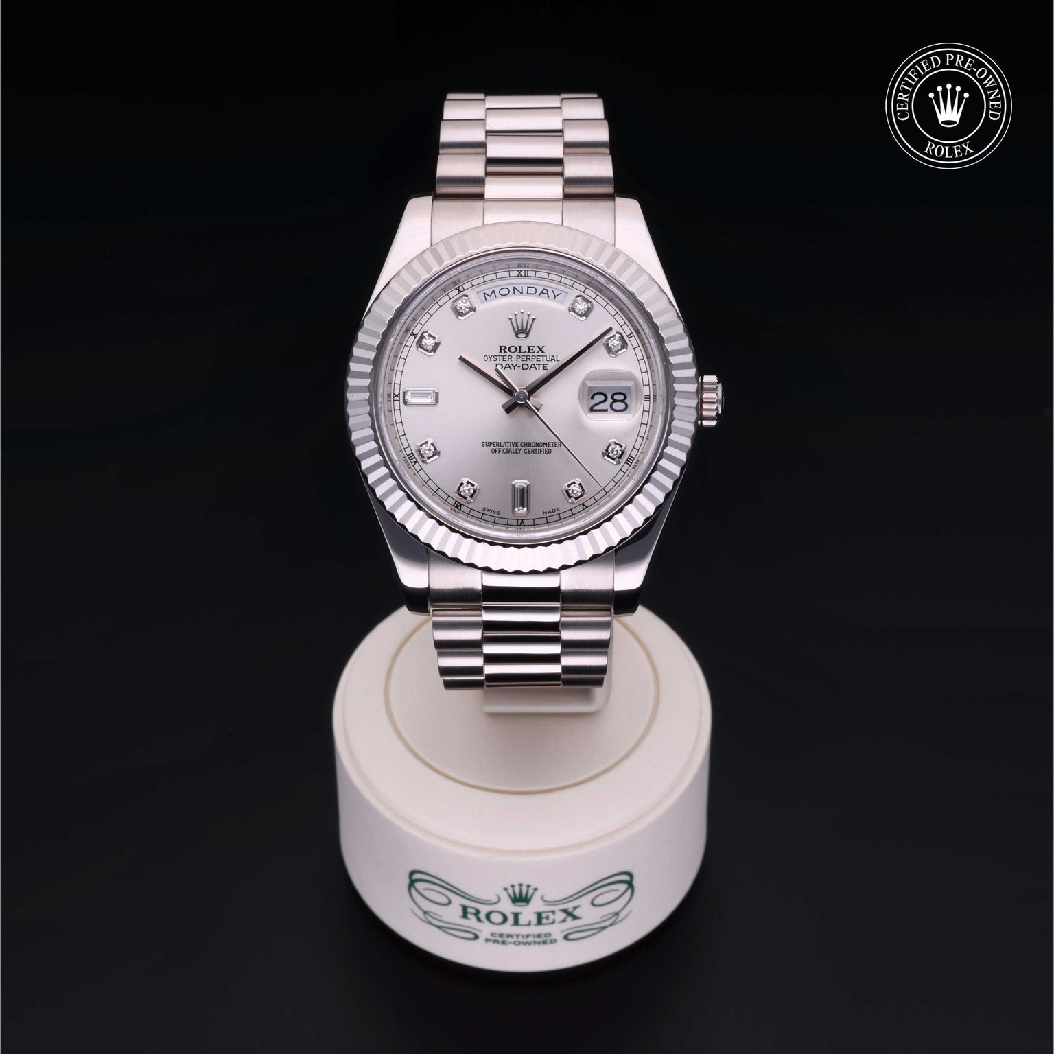 Rolex Certified Pre-owned Daydate Ii M218239-0063 front on black background