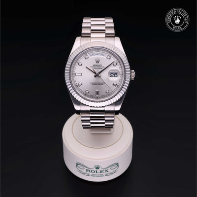 Rolex Certified Pre-owned Daydate Ii M218239-0063 front on black background