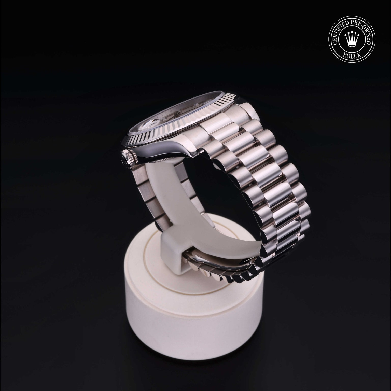 Rolex Certified Pre-owned Daydate Ii M218239-0063 front on black background