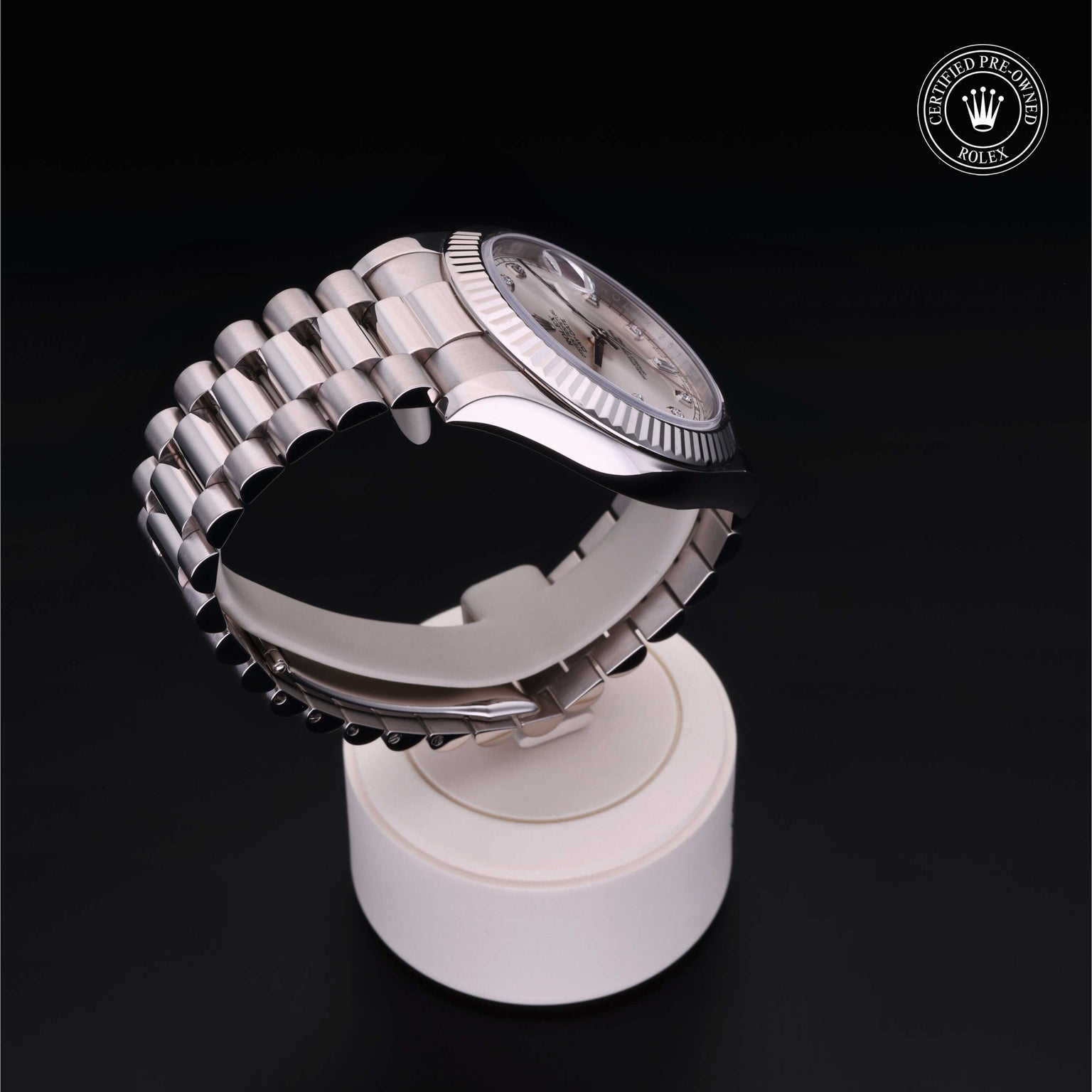 Rolex Certified Pre-owned Daydate Ii M218239-0063 front on black background