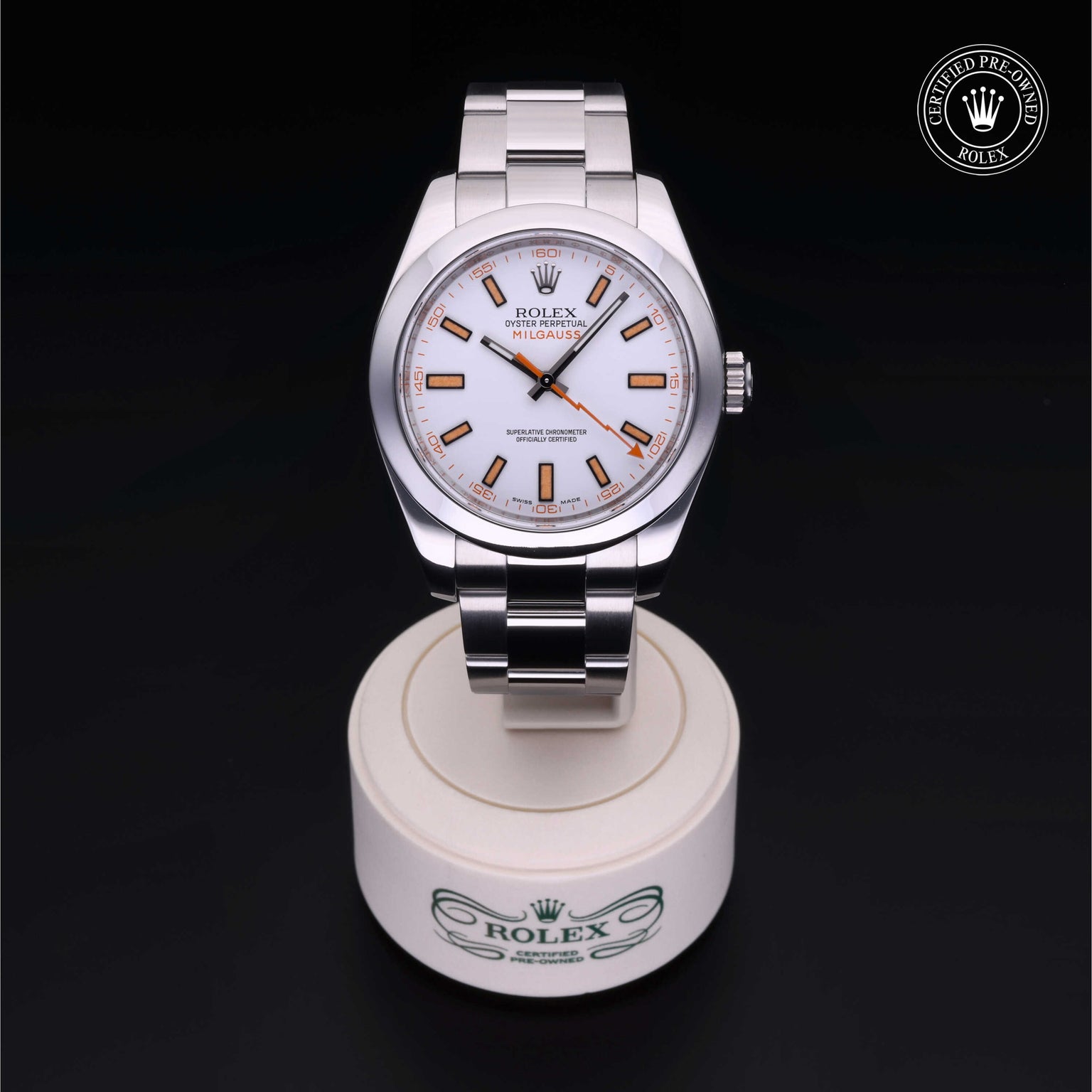 Rolex Certified Pre-owned Milgauss M116400-0002 front on black background
