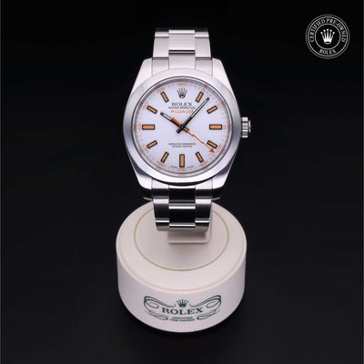 Rolex Certified Pre-owned Milgauss M116400-0002 front on black background