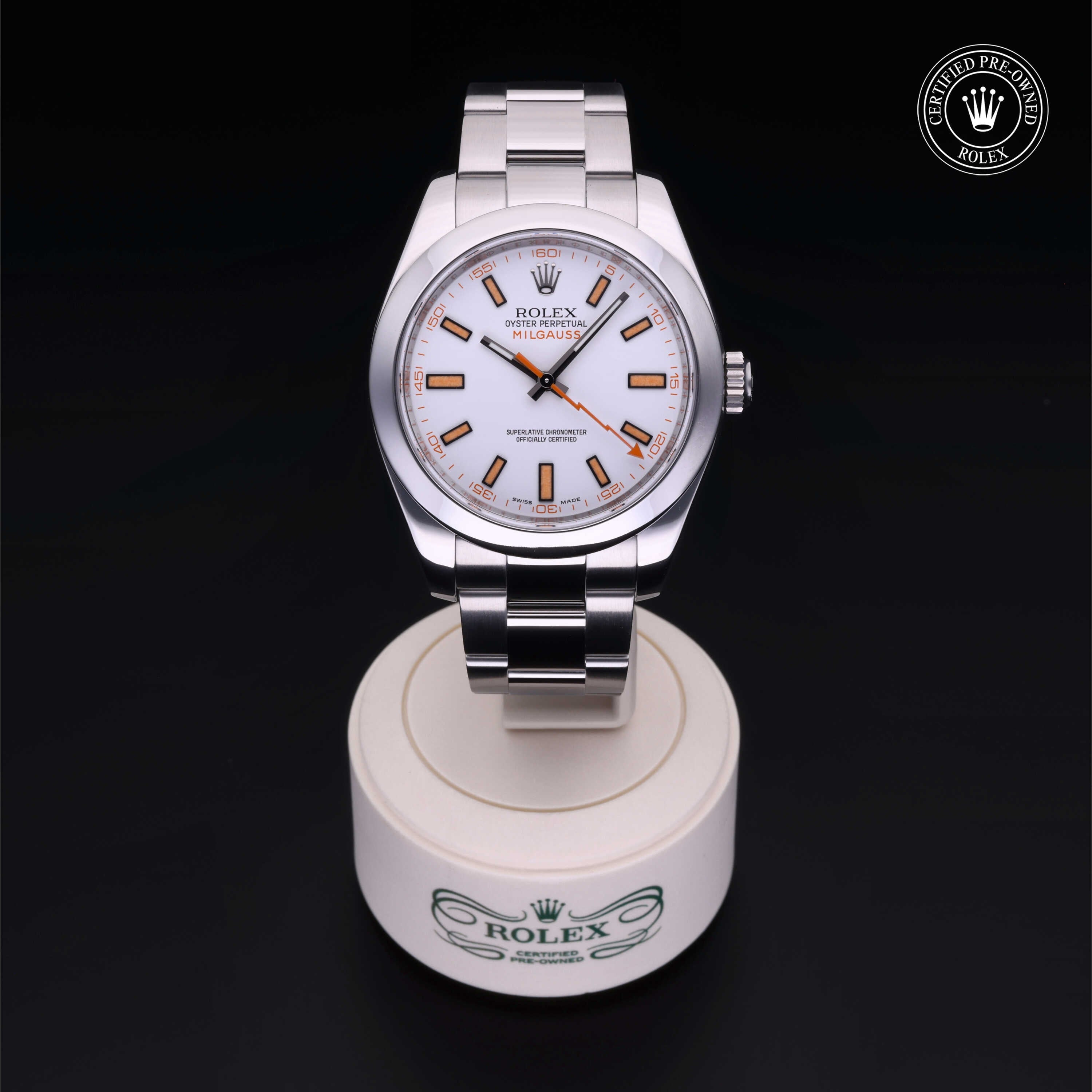 Rolex Certified Pre-owned Milgauss M116400-0002 front on black background