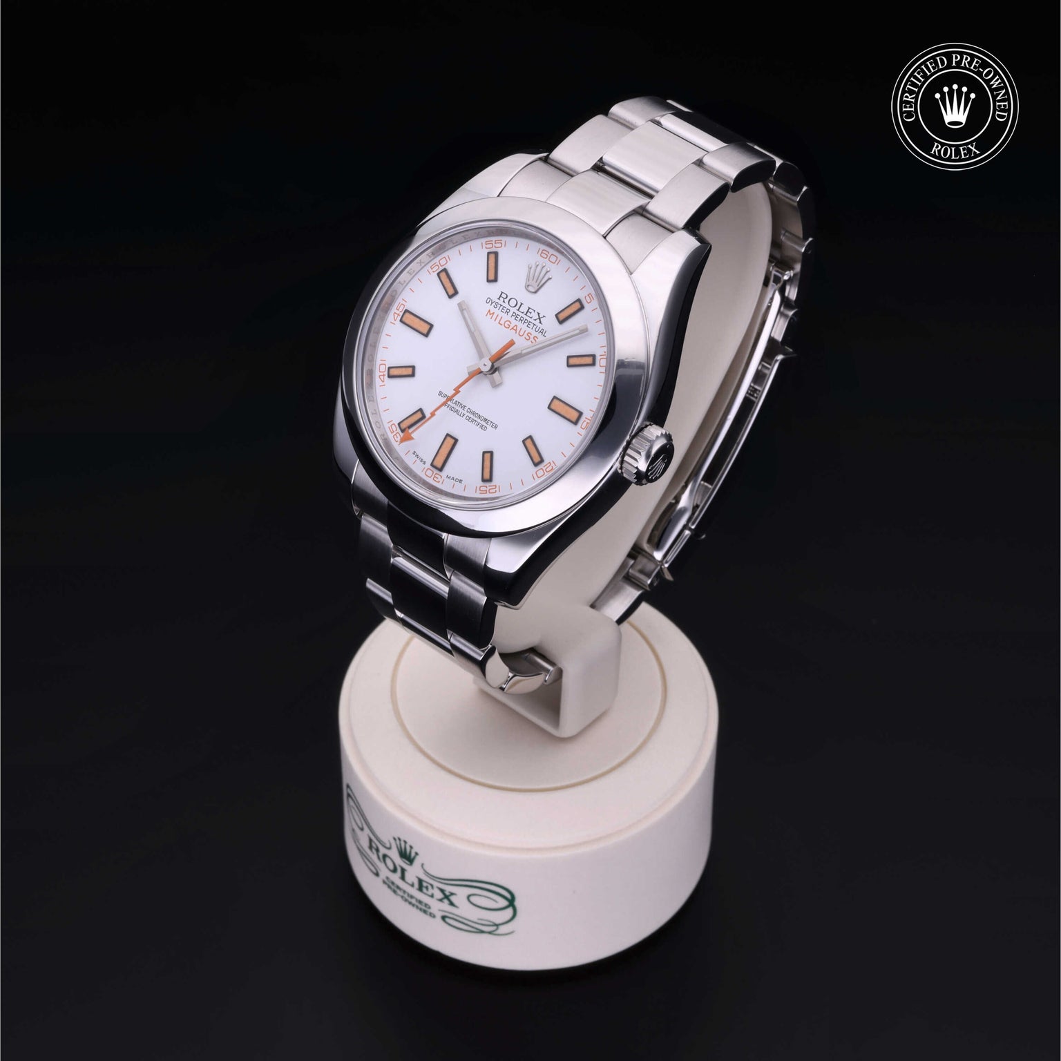 Rolex Certified Pre-owned Milgauss M116400-0002 front on black background