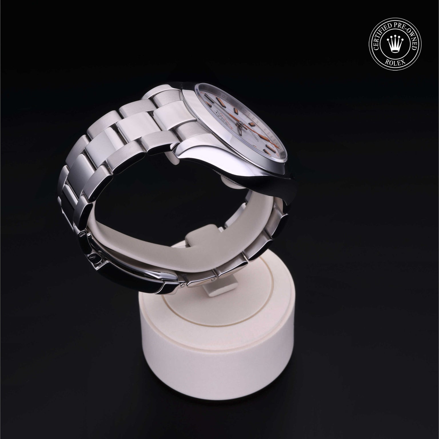 Rolex Certified Pre-owned Milgauss M116400-0002 front on black background