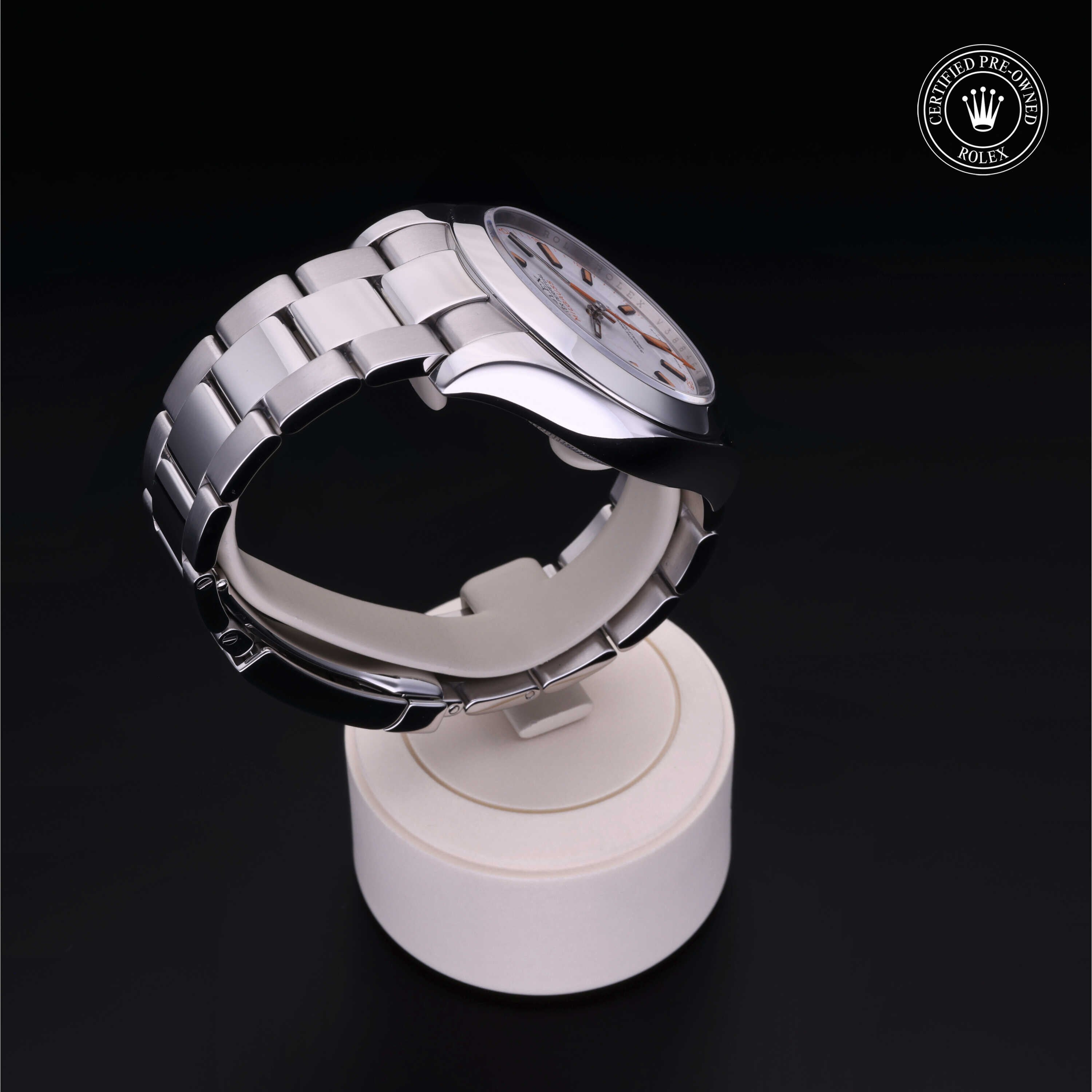 Rolex Certified Pre-owned Milgauss M116400-0002 front on black background