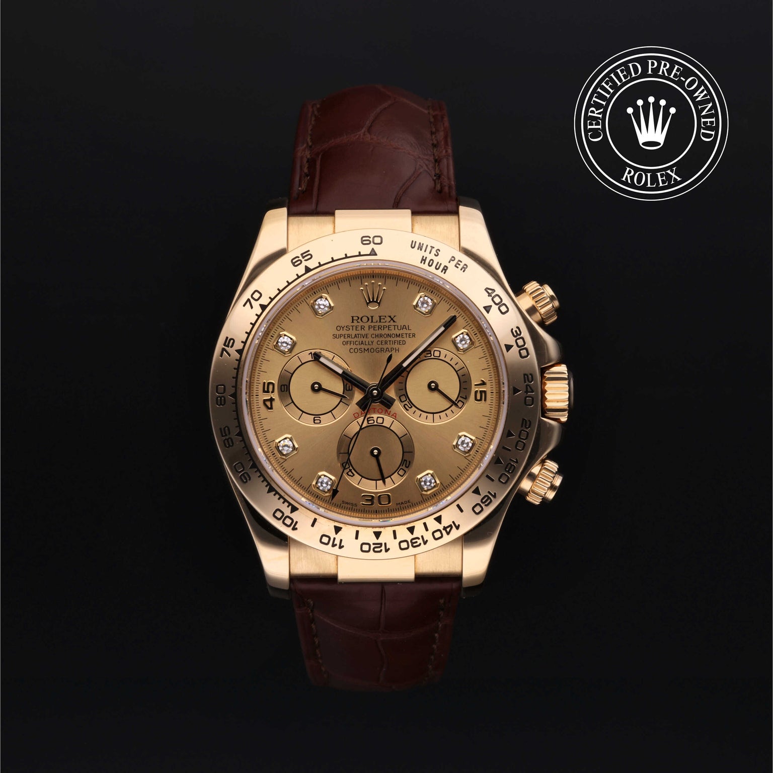 Rolex Certified Pre-owned Daytona M116518-0028 front on black background