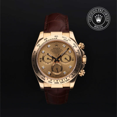Rolex Certified Pre-owned Daytona M116518-0028 front on black background