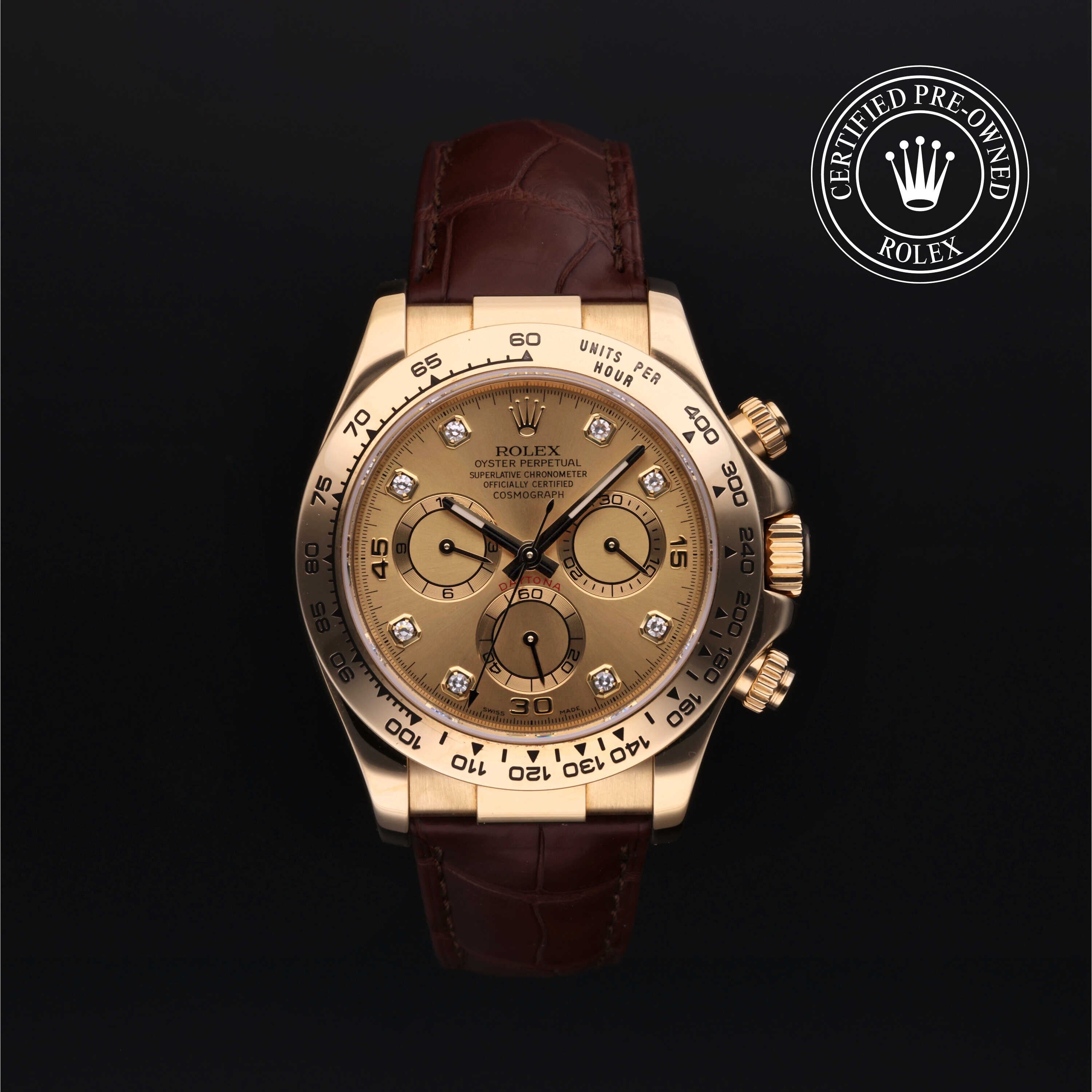 Rolex Certified Pre-owned Daytona M116518-0028 front on black background
