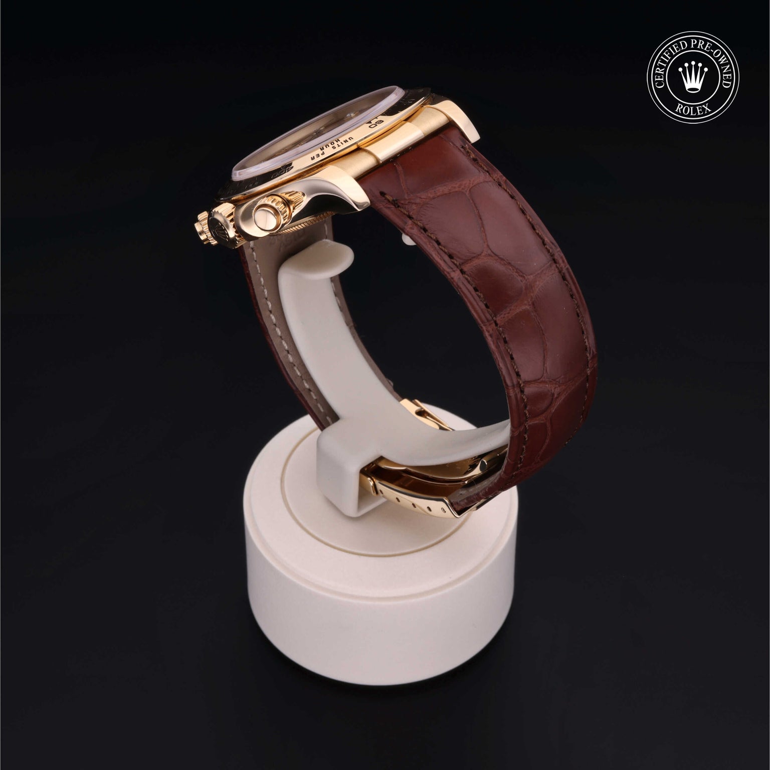 Rolex Certified Pre-owned Daytona M116518-0028 front on black background