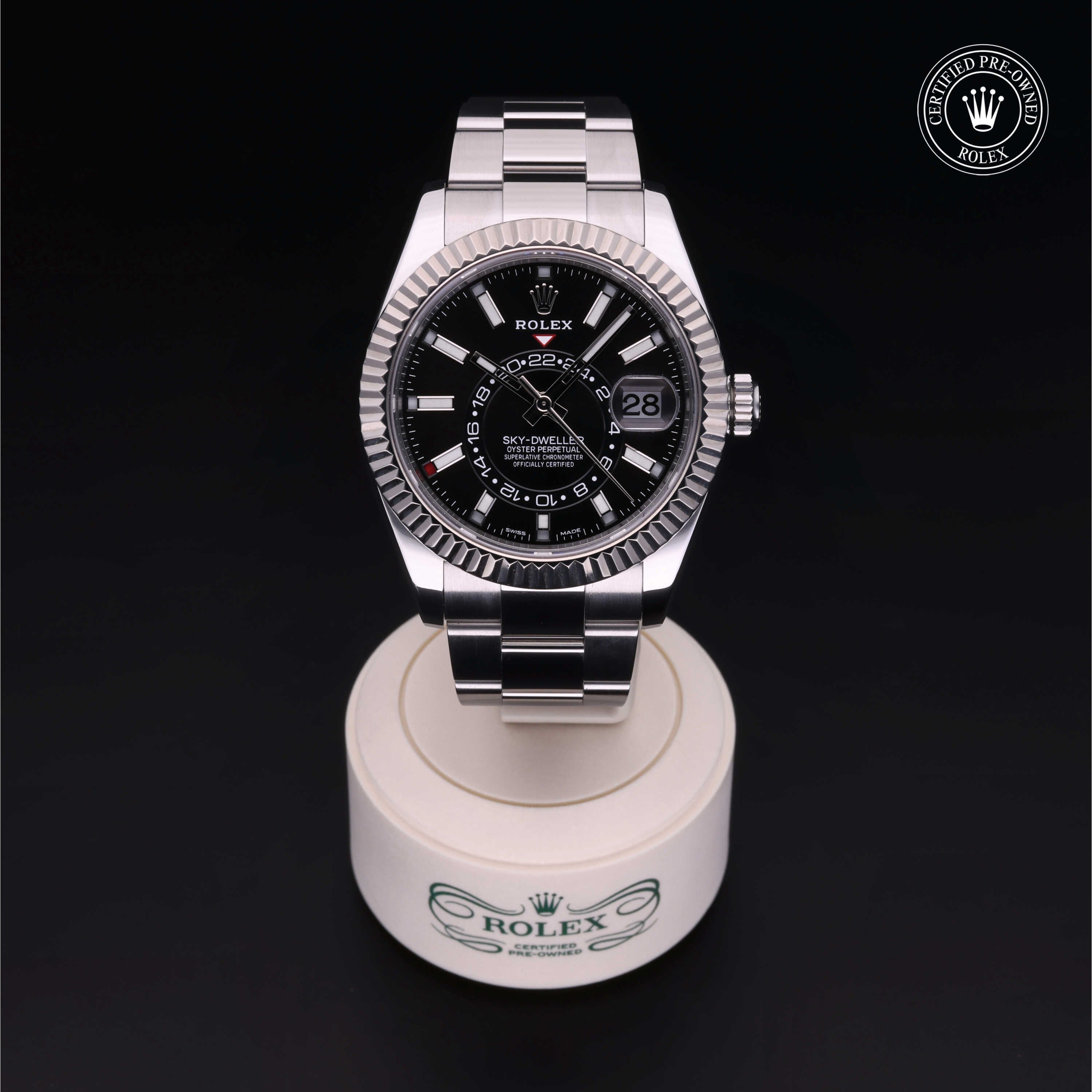 Rolex Certified Pre-owned Sky-Dweller M326934-0001 front on black background