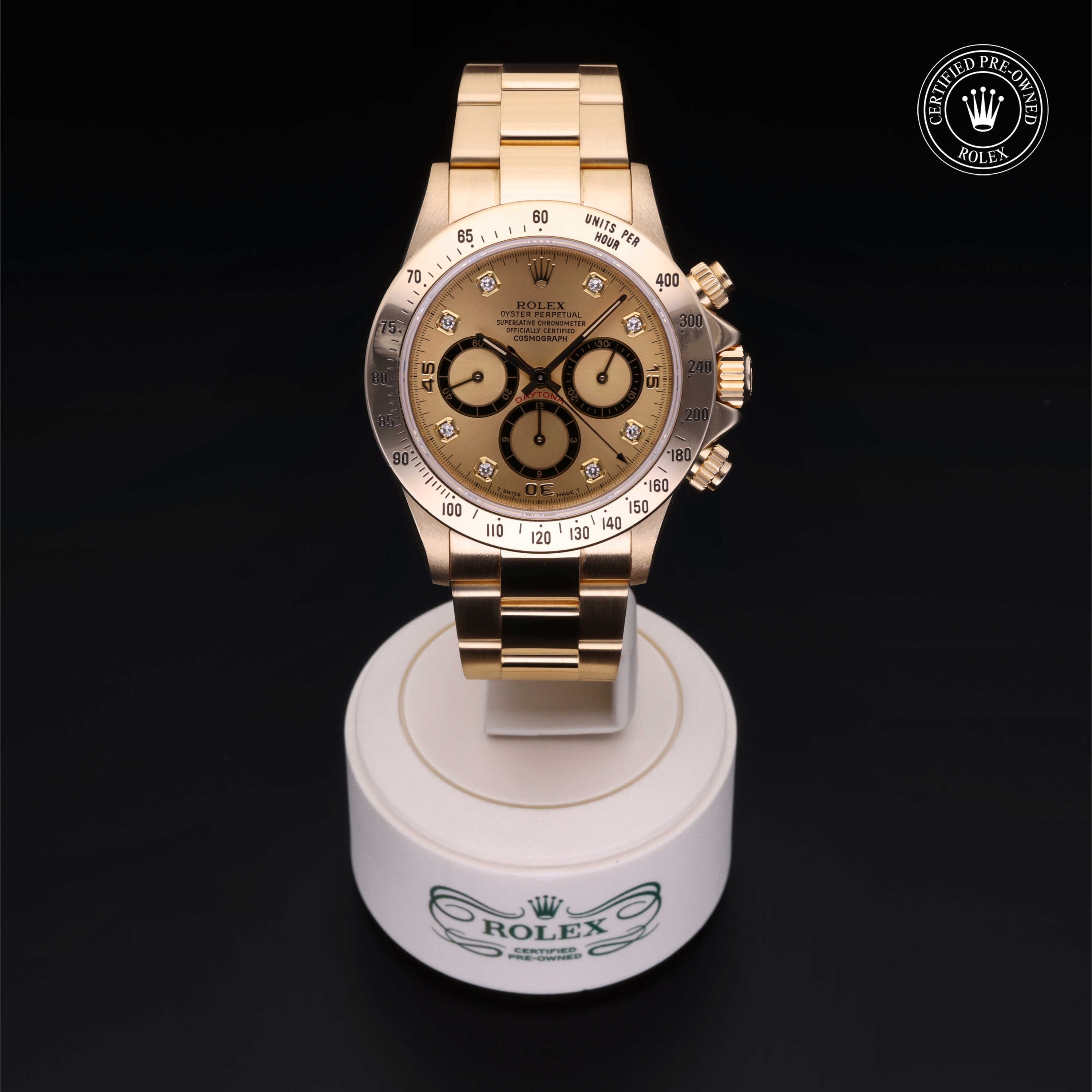 Rolex Certified Pre-owned Daytona M16528-0009 front on black background