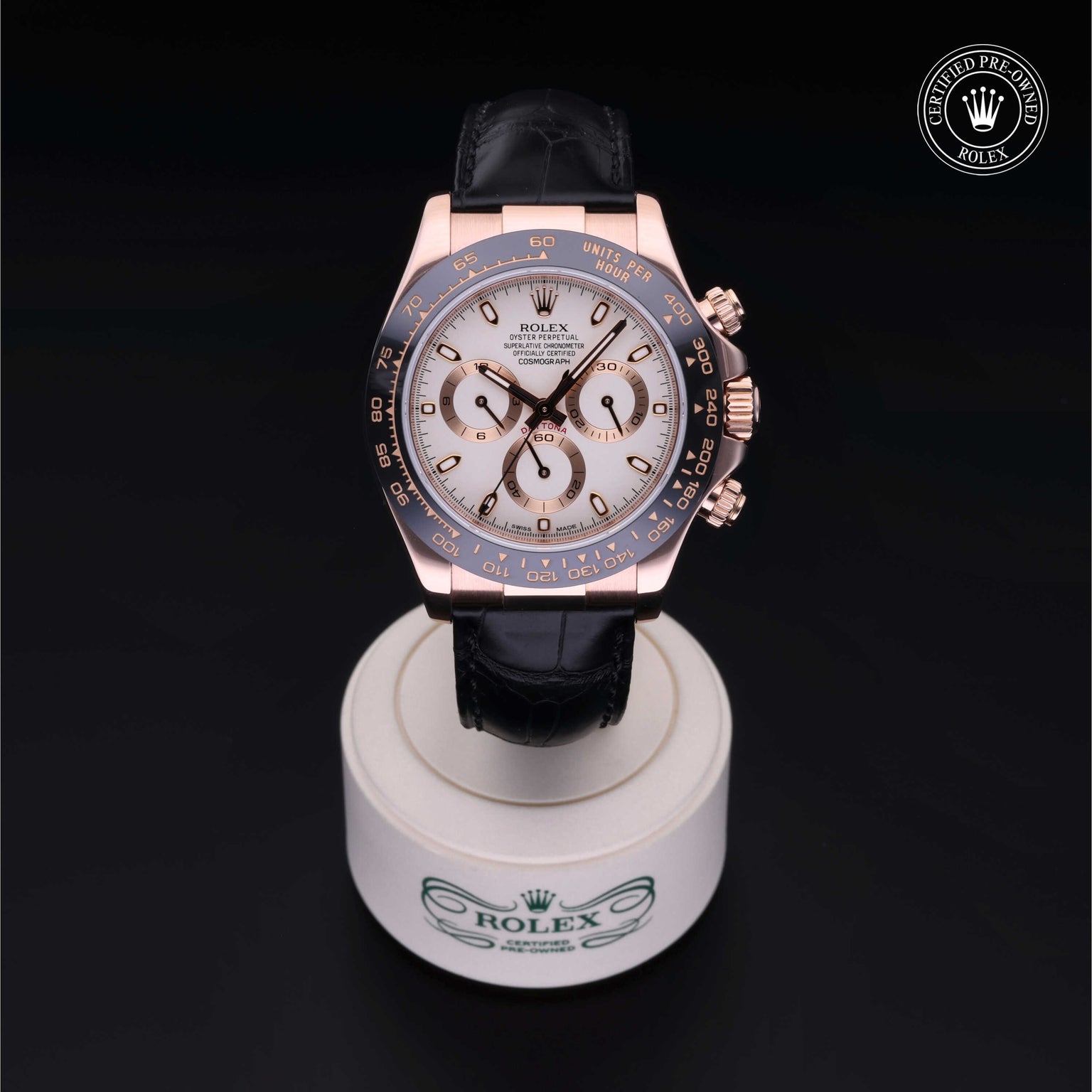 Rolex Certified Pre-owned Daytona M116515LN-0003 front on black background