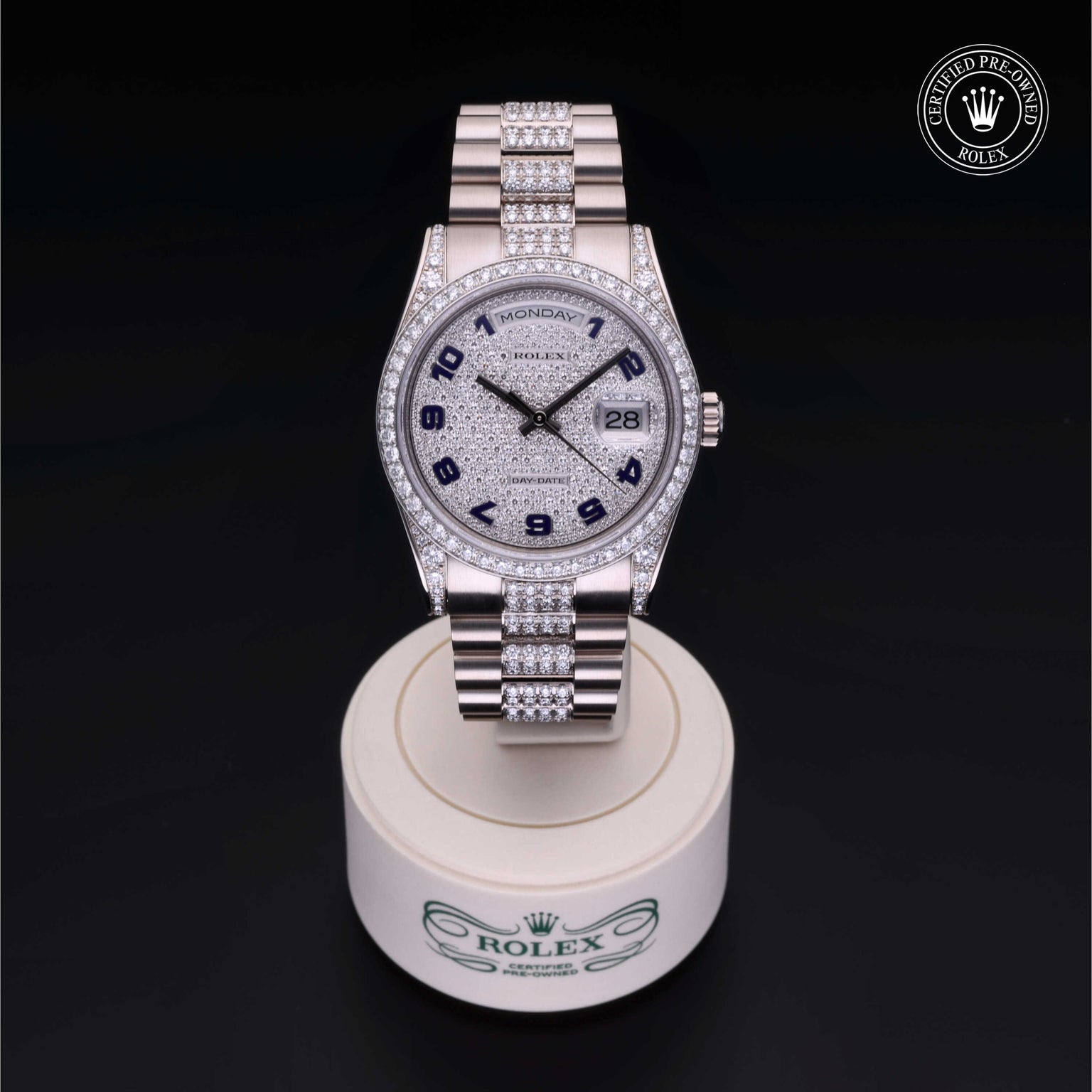 Rolex Certified Pre-owned Day-date M118389-0020 front on black background