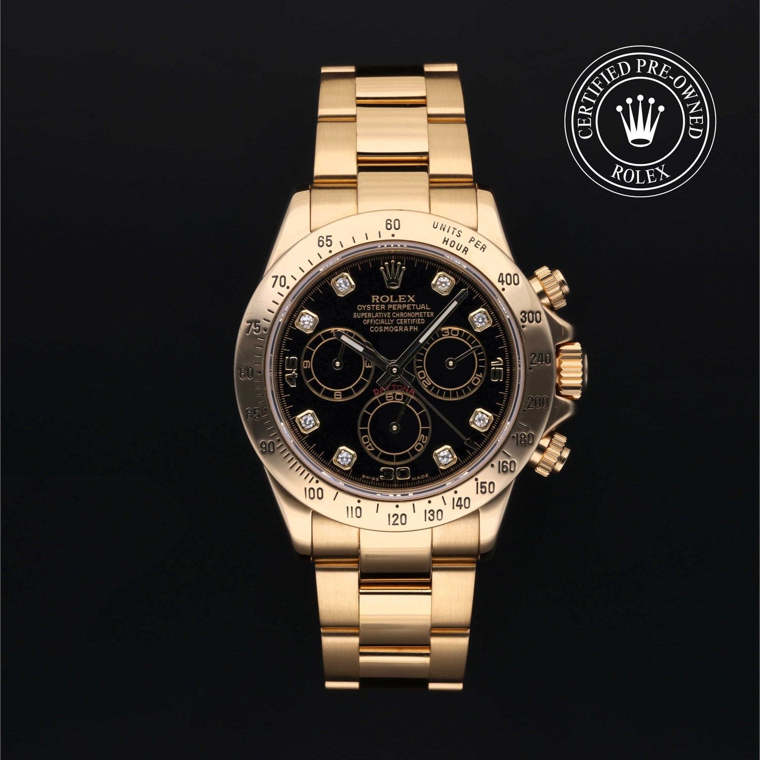 Rolex Certified Pre-owned Daytona M116528-0024 front on black background