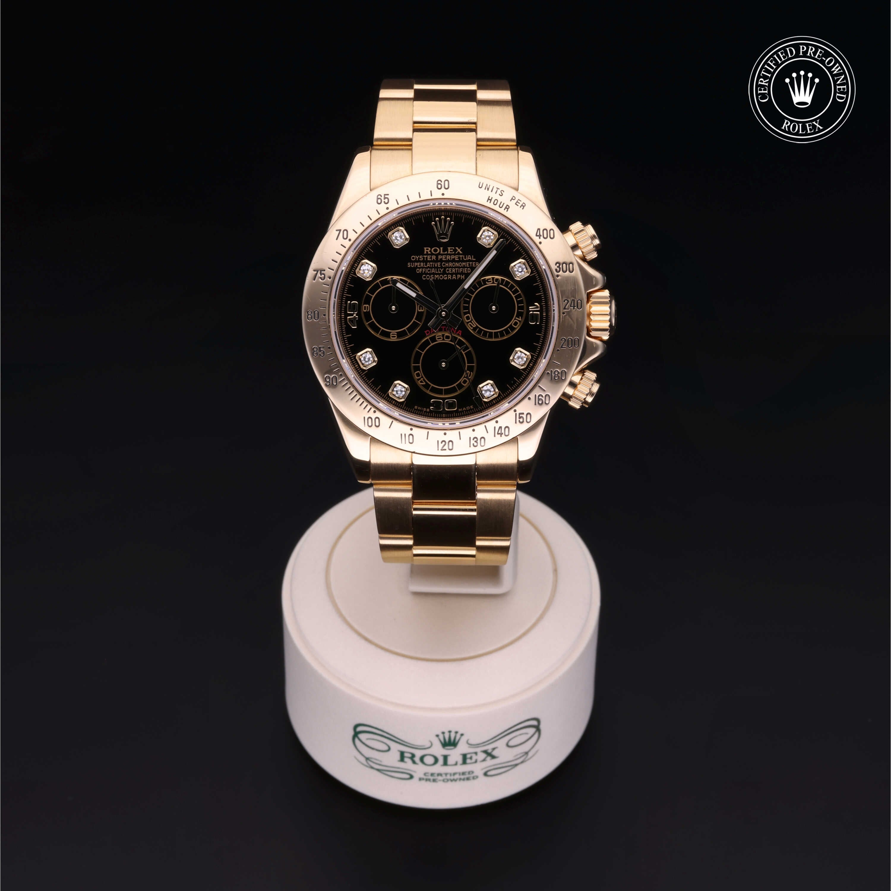 Rolex Certified Pre-owned Daytona M116528-0024 front on black background