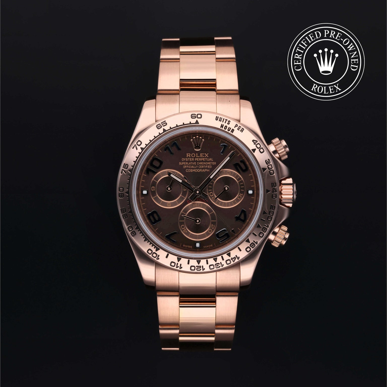 Rolex Certified Pre-owned Daytona M116505-0006 front on black background
