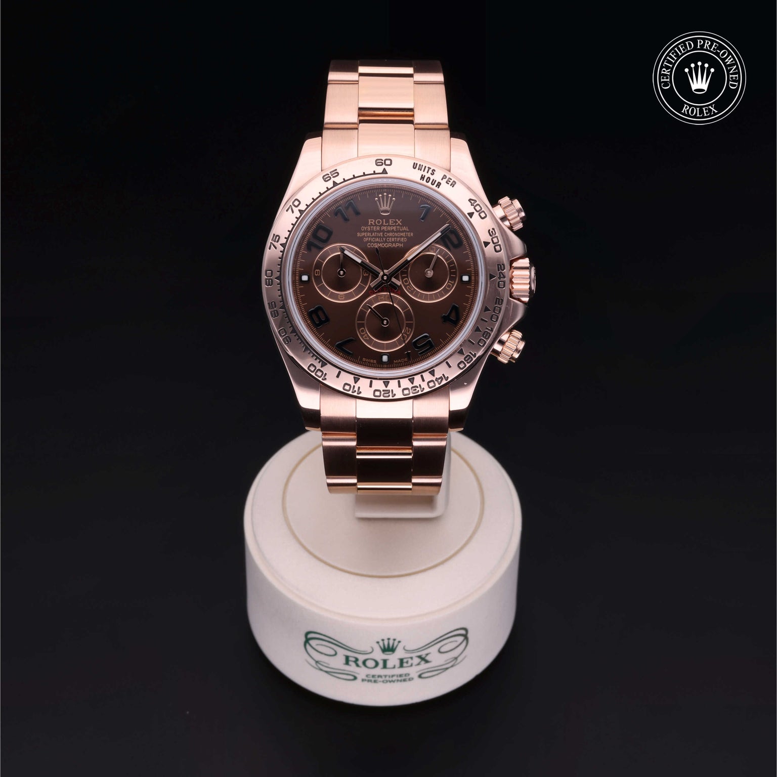 Rolex Certified Pre-owned Daytona M116505-0006 front on black background
