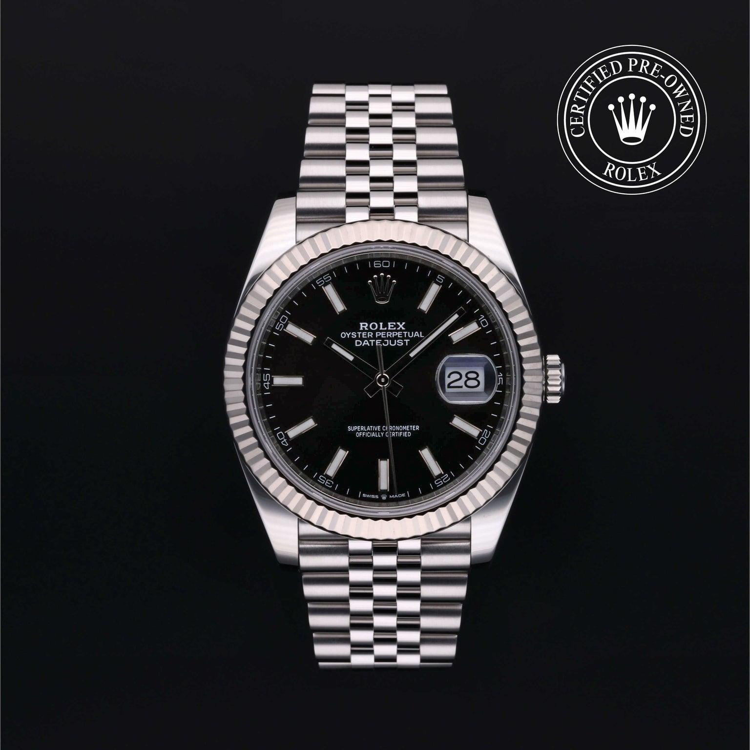 Rolex Certified Pre-owned Datejust M126334-0018 front on black background