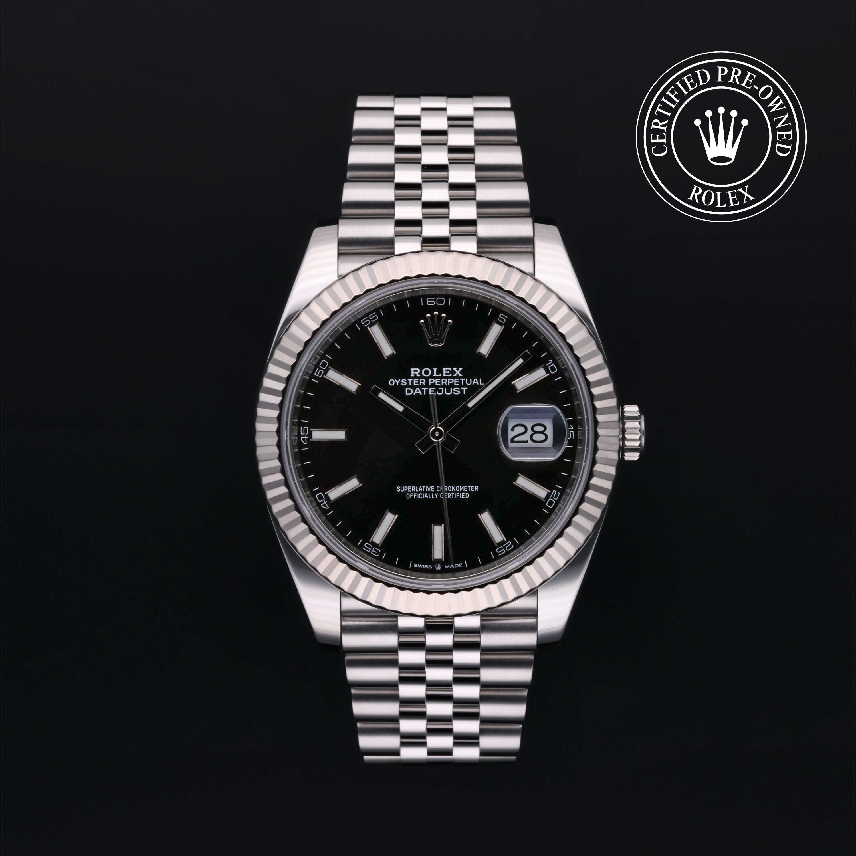 Rolex Certified Pre-owned Datejust M126334-0018 front on black background