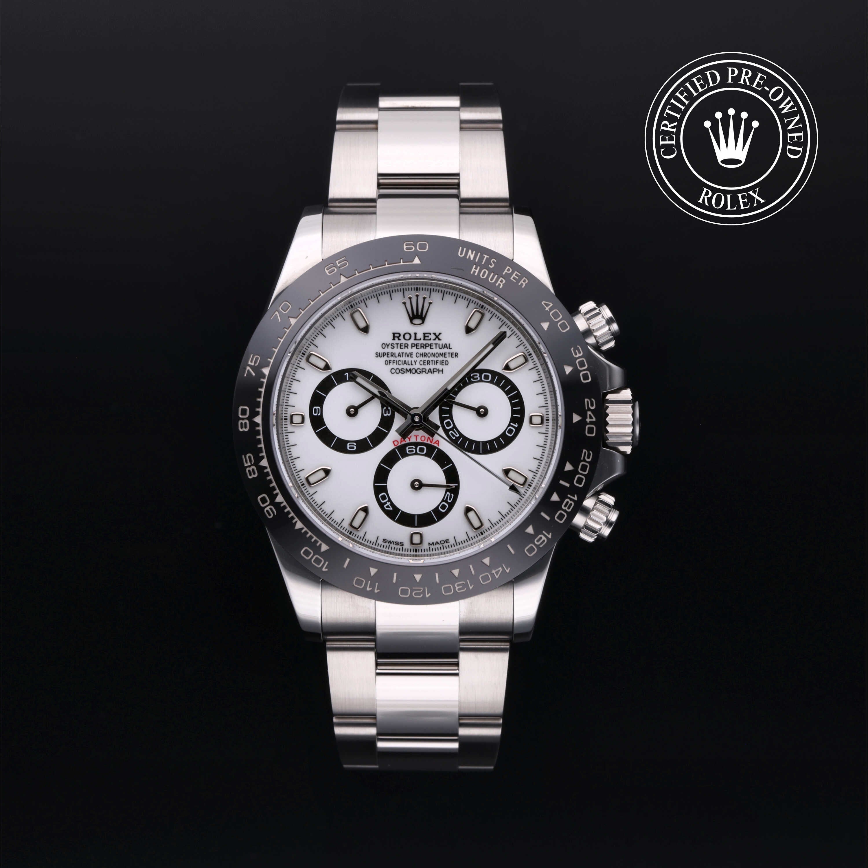 Rolex Certified Pre-owned Daytona M116500LN-0001 front on black background