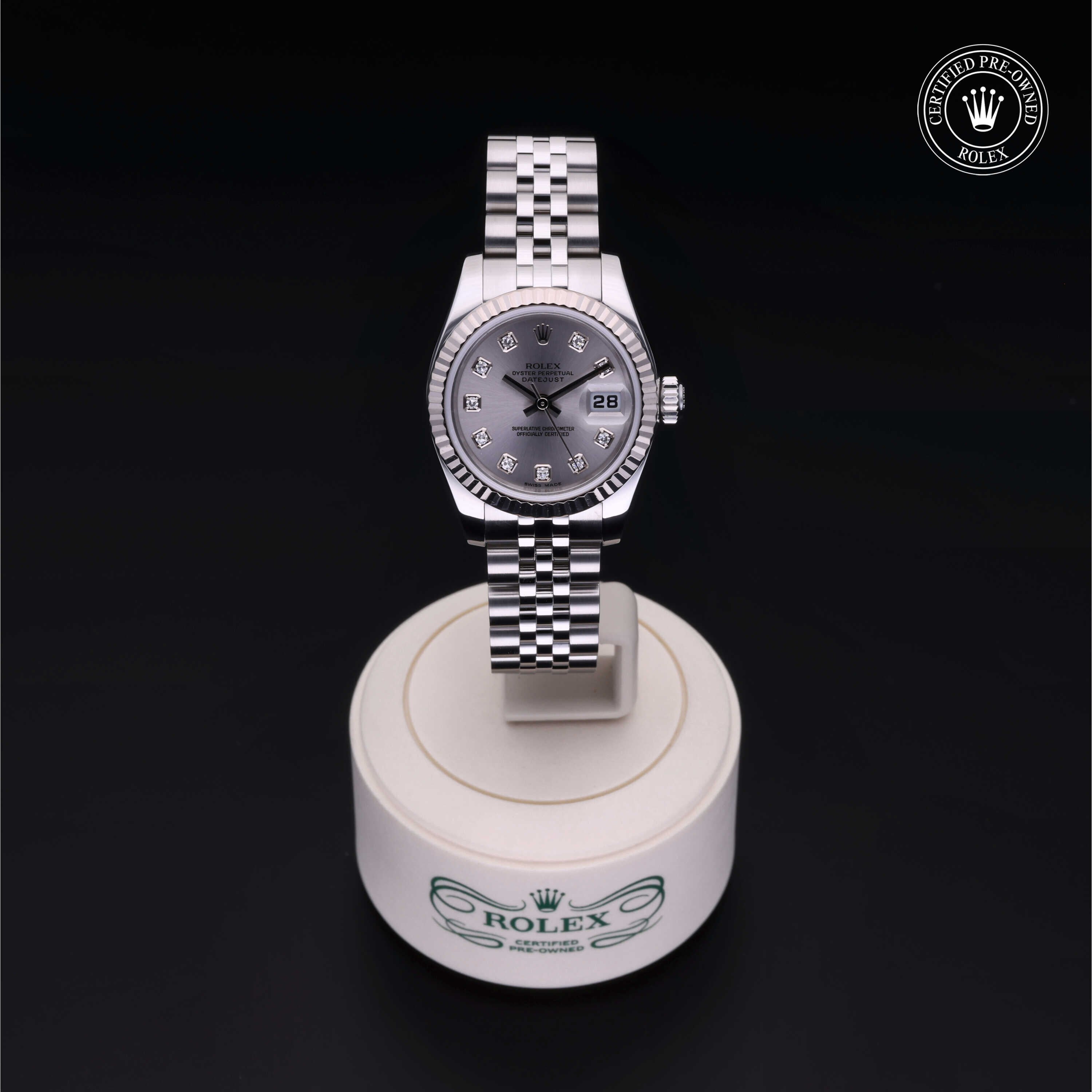 Rolex Certified Pre-owned Lady Datejust M179174-0030 front on black background