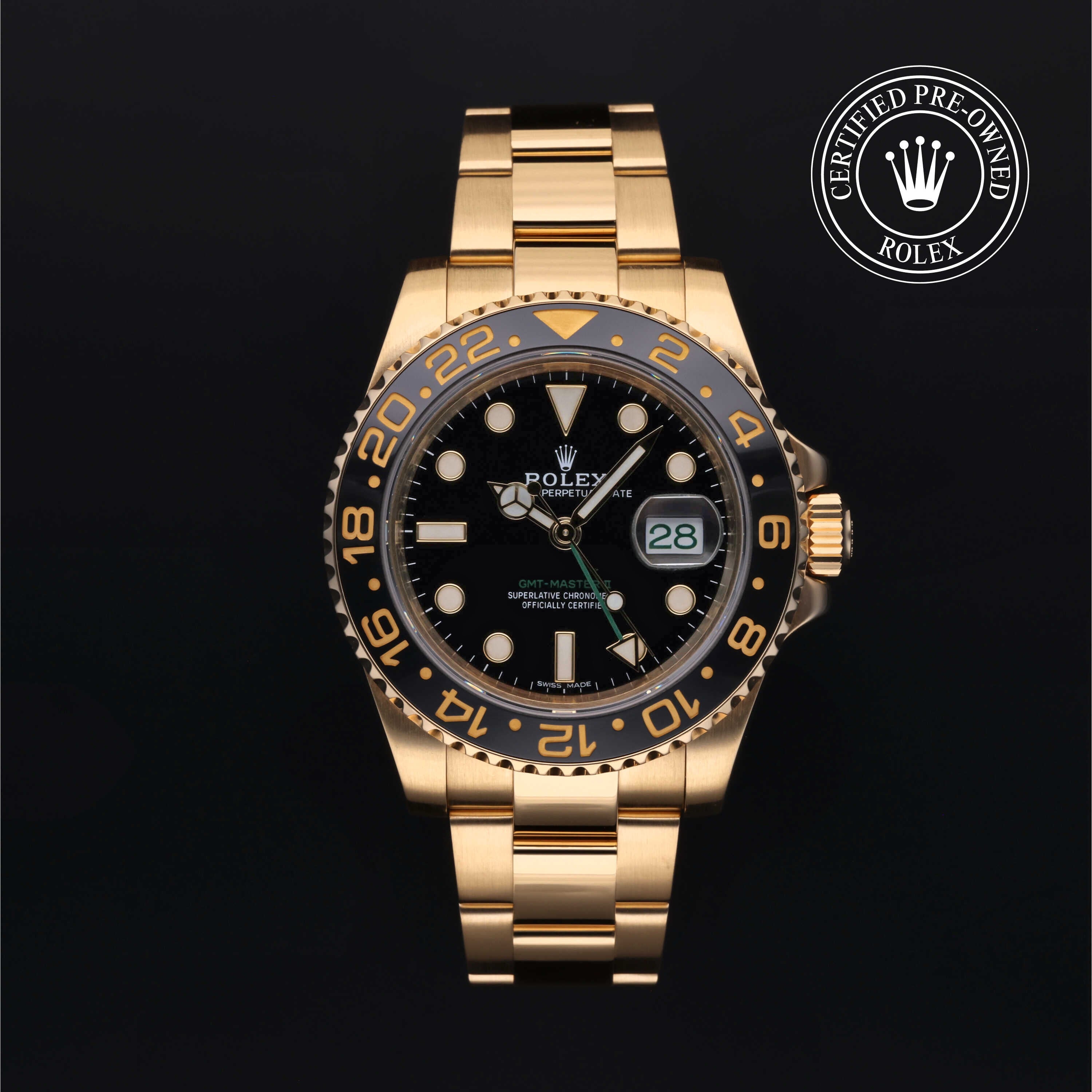 Rolex Certified Pre-owned GMT II M116718LN-0002 front on black background